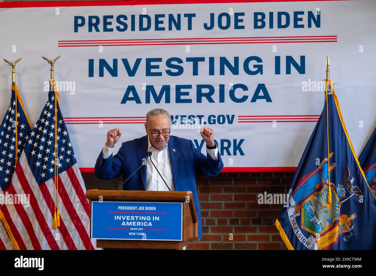 NEW YORK, NEW YORK - MAY 30: Senate Majority Leader, U.S. Senator Chuck Schumer speaks during a clean energy affordability announcement at the Andromeda Community Initiative, Long Island City on May 30, 2024 in the Queens Borough of New York City. Governor Kathy Hochul joined U.S. Department of Energy (DOE) Secretary Granholm, White House Senior Advisor John Podesta and Majority Leader U.S. Senator Chuck Schumer to celebrate New York State becoming the first state in the nation to offer the first phase of Inflation Reduction Act (IRA) Home Electrification and Appliance Rebates (HEAR) Program Stock Photo