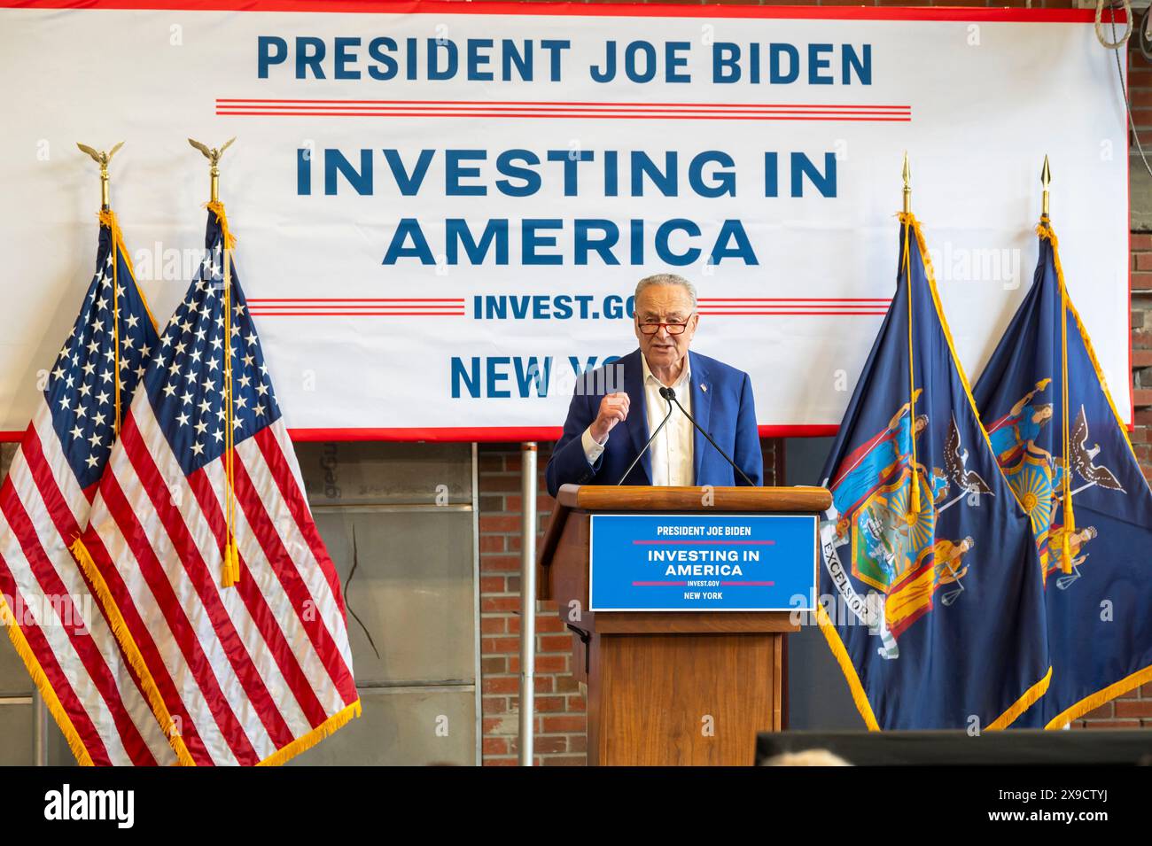 NEW YORK, NEW YORK - MAY 30: Senate Majority Leader, U.S. Senator Chuck Schumer speaks during a clean energy affordability announcement at the Andromeda Community Initiative, Long Island City on May 30, 2024 in the Queens Borough of New York City. Governor Kathy Hochul joined U.S. Department of Energy (DOE) Secretary Granholm, White House Senior Advisor John Podesta and Majority Leader U.S. Senator Chuck Schumer to celebrate New York State becoming the first state in the nation to offer the first phase of Inflation Reduction Act (IRA) Home Electrification and Appliance Rebates (HEAR) Program Stock Photo