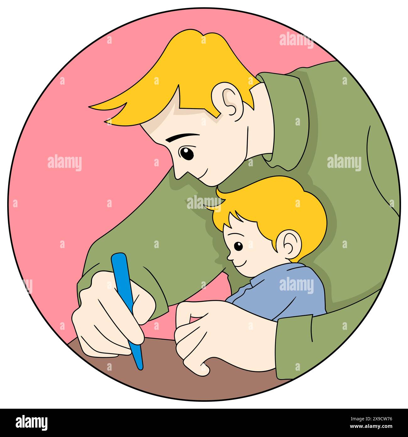 Father's Day cartoon doodle illustration, father and son learning to ...