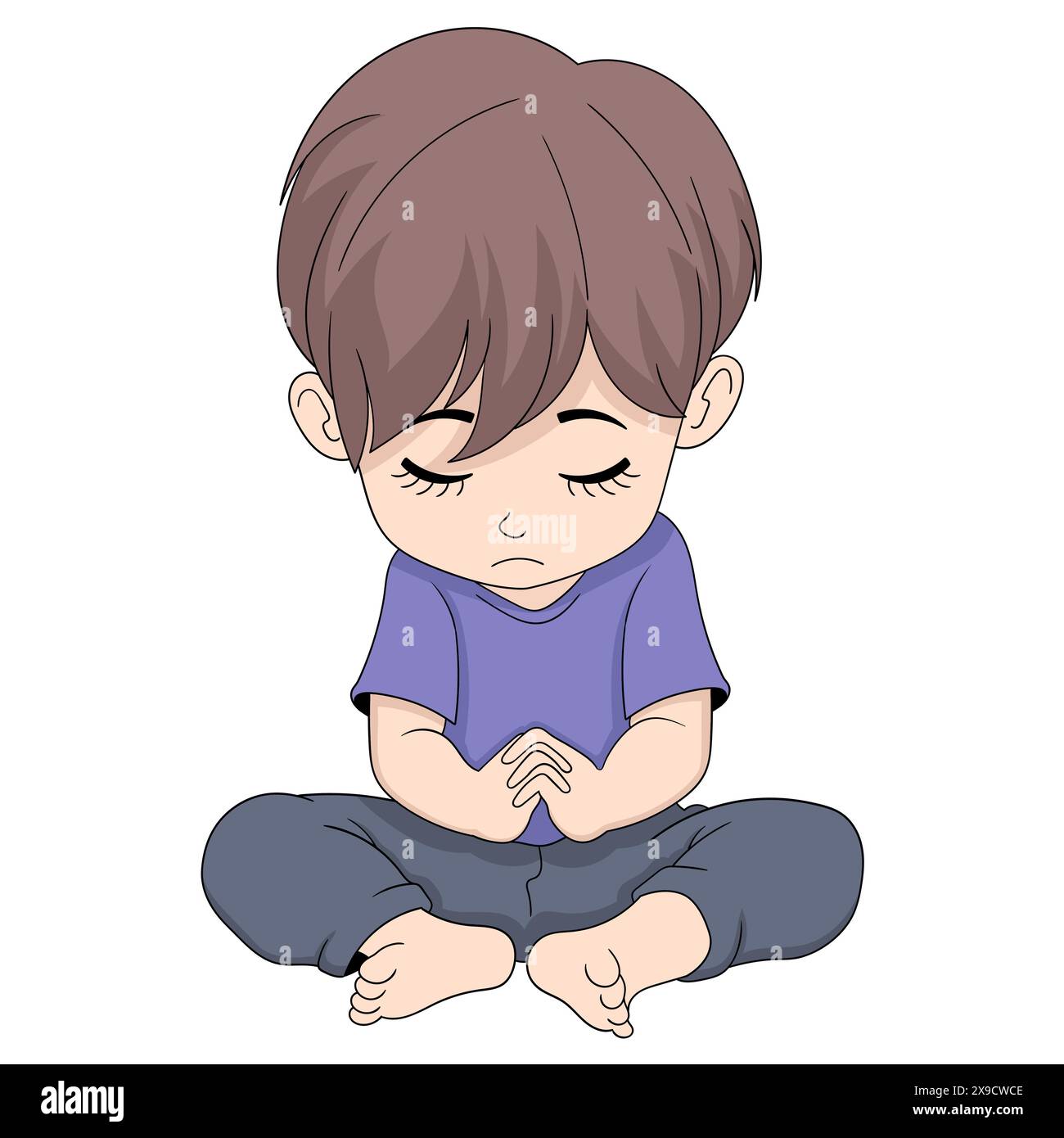 cartoon doodle illustration of religion, boy is sitting looking down ...