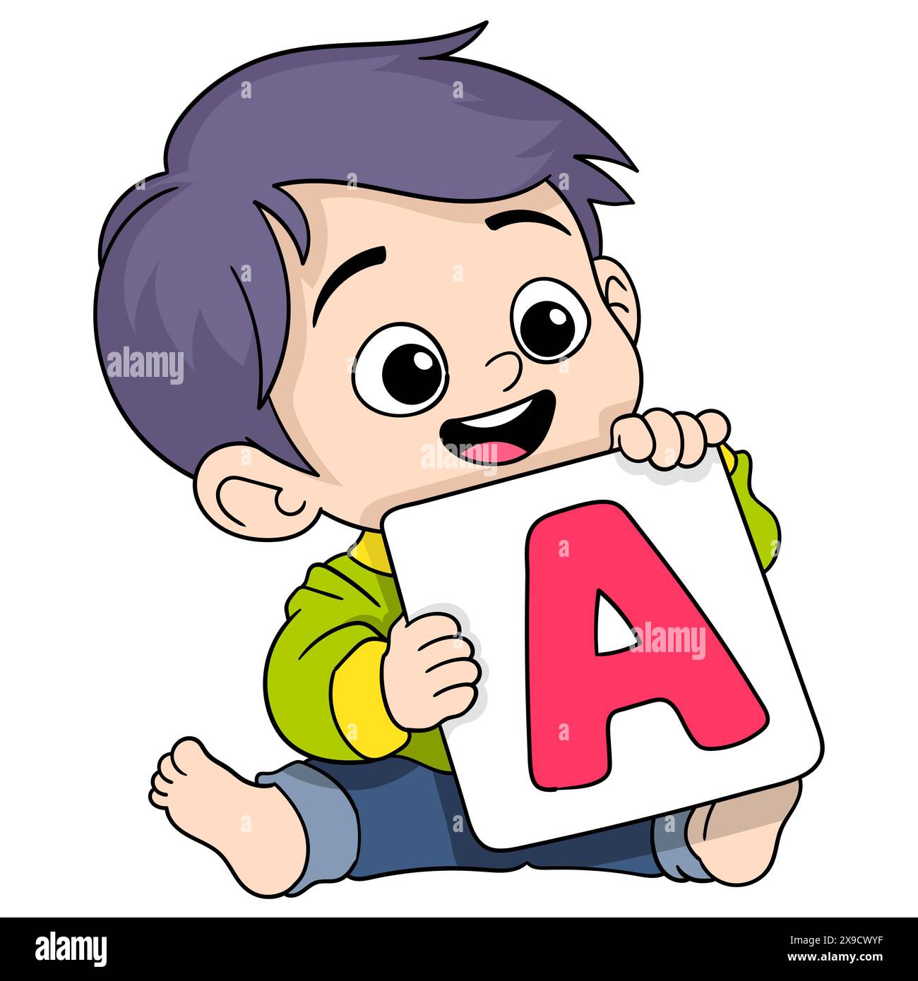 doodle cartoon illustration, little boy is sitting studying the ...