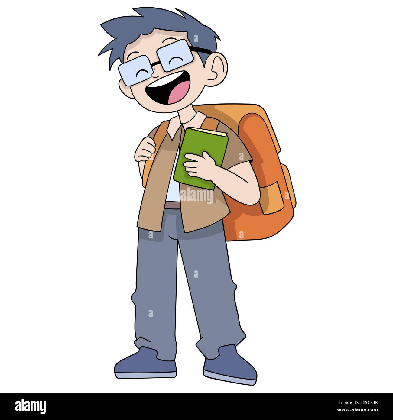 doodle cartoon illustration, young nerdy boy wearing glasses carrying a ...