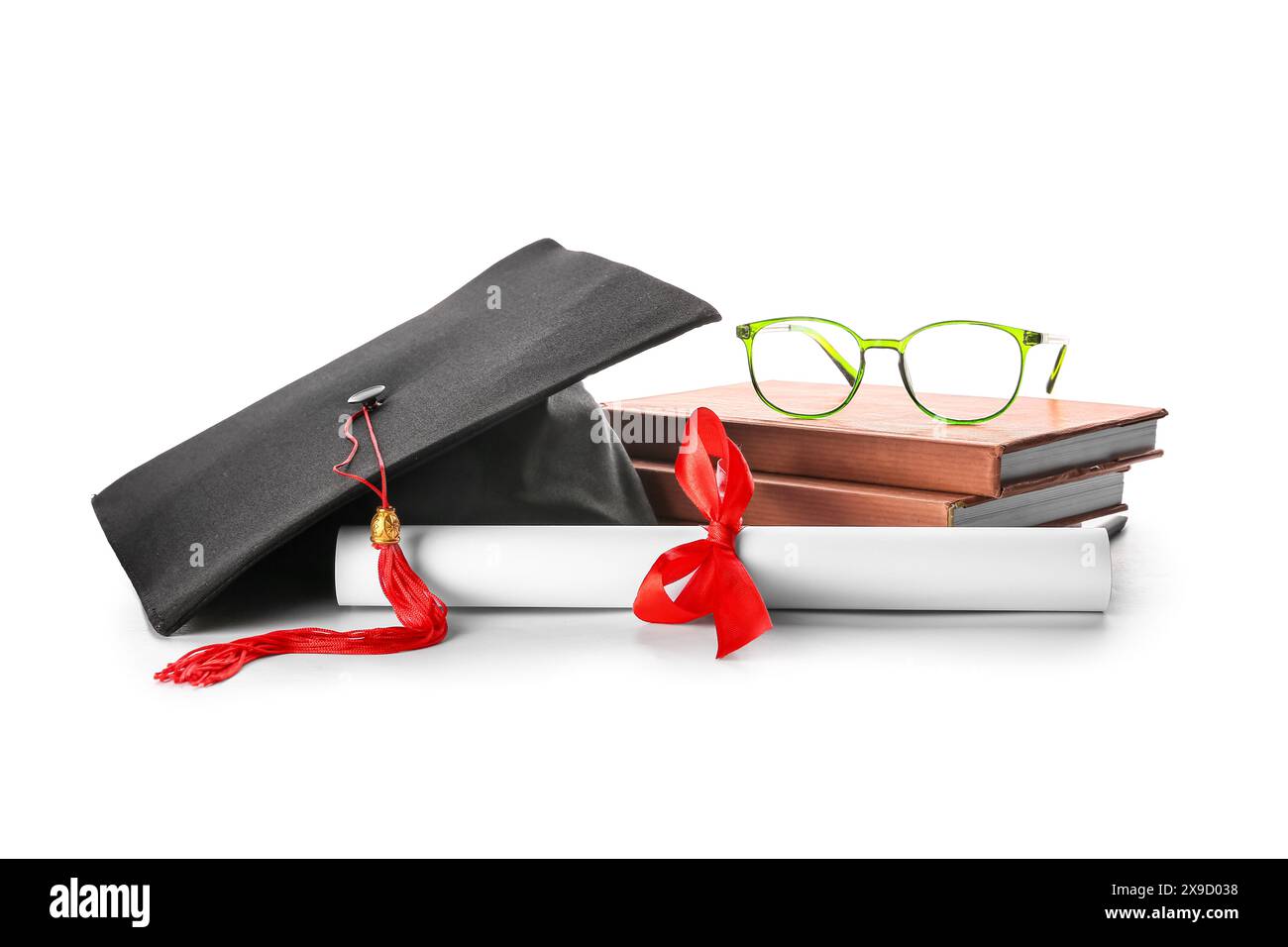 Diploma with books, eyeglasses and mortar board on white background ...