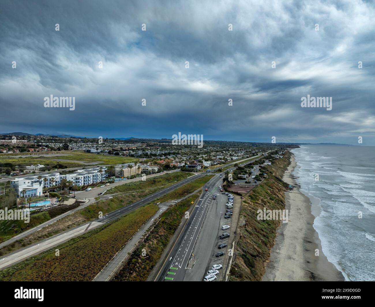 Aerial view of the Coast Highway along the Pacific Ocean near Carlsbad California Stock Photo