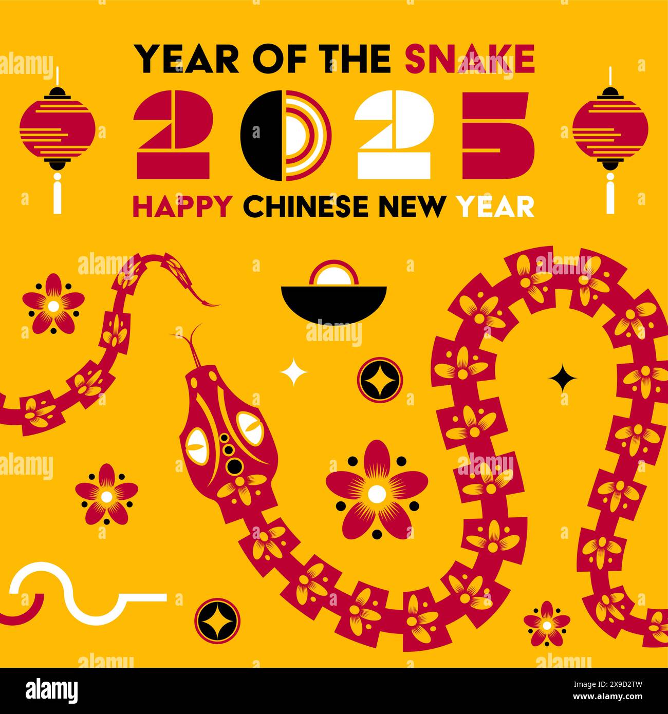 Happy Chinese new year 2025 Snake Zodiac sign, modern flat art design