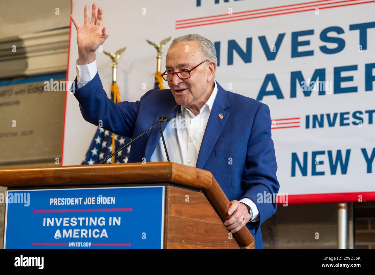 Senate Majority Leader, Chuck Schumer speaks during a clean energy affordability announcement at the Andromeda Community Initiative, Long Island City in the Queens Borough of New York City. Governor Kathy Hochul joined U.S. Department of Energy (DOE) Secretary Granholm, White House Senior Advisor John Podesta and Majority Leader Chuck Schumer to celebrate New York State becoming the first state in the nation to offer the first phase of Inflation Reduction Act (IRA) Home Electrification and Appliance Rebates (HEAR) Program funding to consumers. Stock Photo