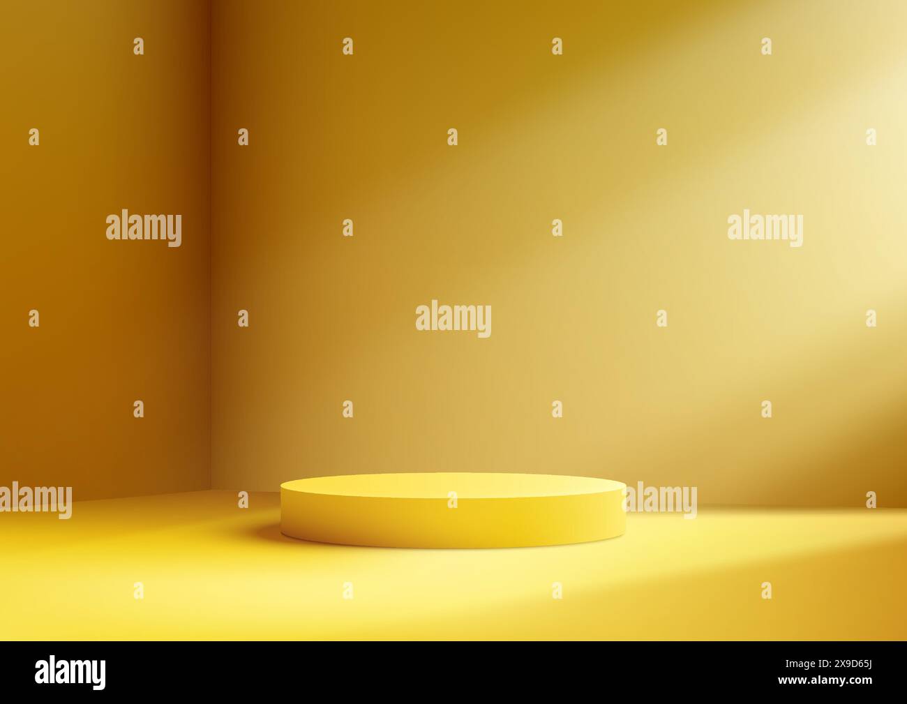 A vibrant yellow podium illuminated by a soft, warm light in a minimalist room with a smooth gradient background, creating a serene and inviting atmos Stock Vector