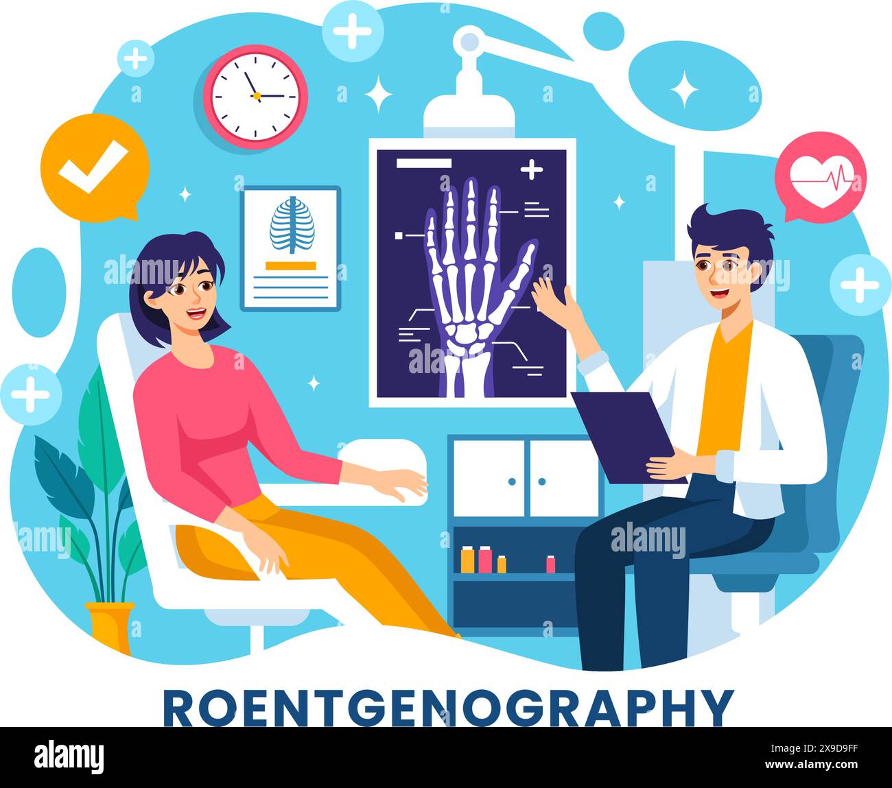 Roentgenography Vector Illustration with Fluorography Body Checkup Procedure, X-ray Scanning or Roentgen in Health Care in a Flat Cartoon Background Stock Vector