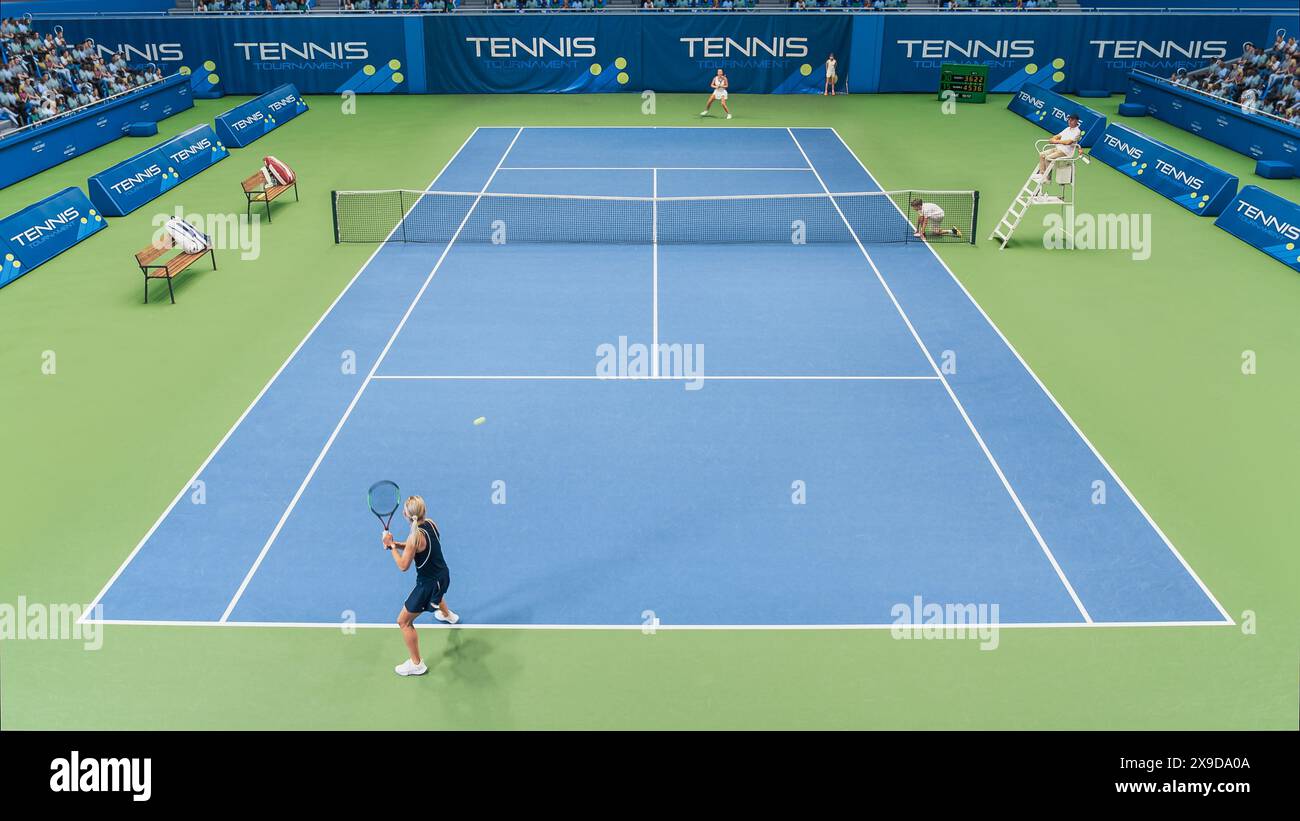 Sports TV Broadcast of Female Tennis Championship Match. Two Professional Women Athletes Compete on a Tennis Tournament. Network Channel Television Footage With Audience. High Angle Shot. Stock Photo