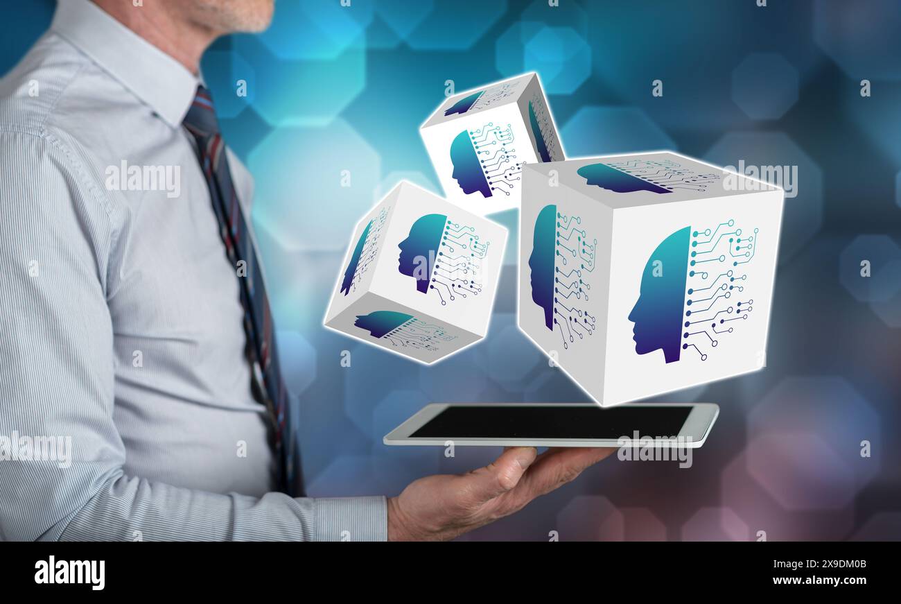 Machine learning concept above a tablet held by a man Stock Photo