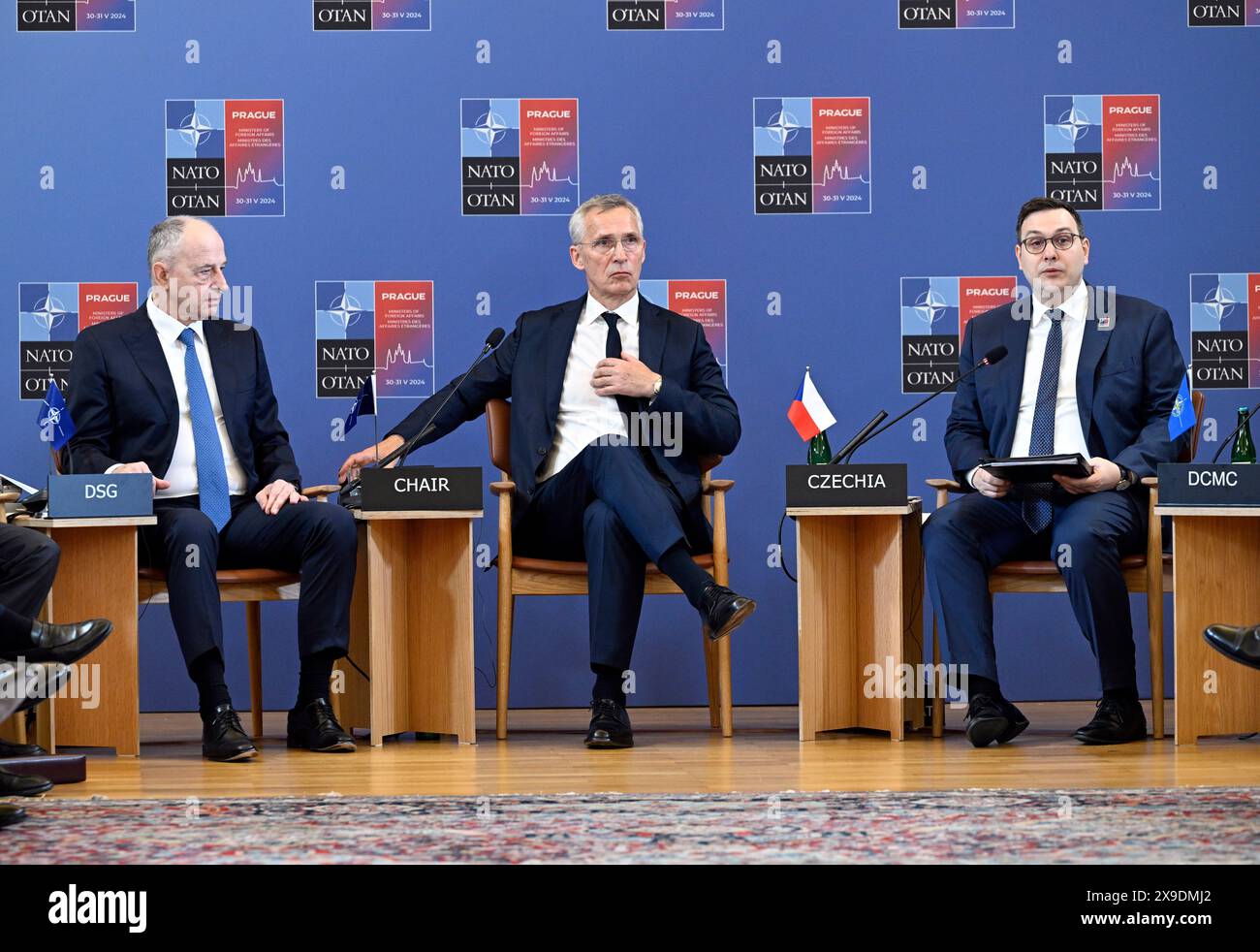 Prague, Czech Republic. 31st May, 2024. L-R NATO Deputy Secretary General Mircea Geoana, NATO Secretary General Jens Stoltenberg and Czech Foreign Affairs Minister Jan Lipavsky are seen during the final day of two-day informal meeting of foreign ministers of NATO countries, to mark 25 years of Czechia in NATO and 75 years from NATO's establishment, in Prague, Czech Republic, on May 31, 2024. Credit: Katerina Sulova/CTK Photo/Alamy Live News Stock Photo