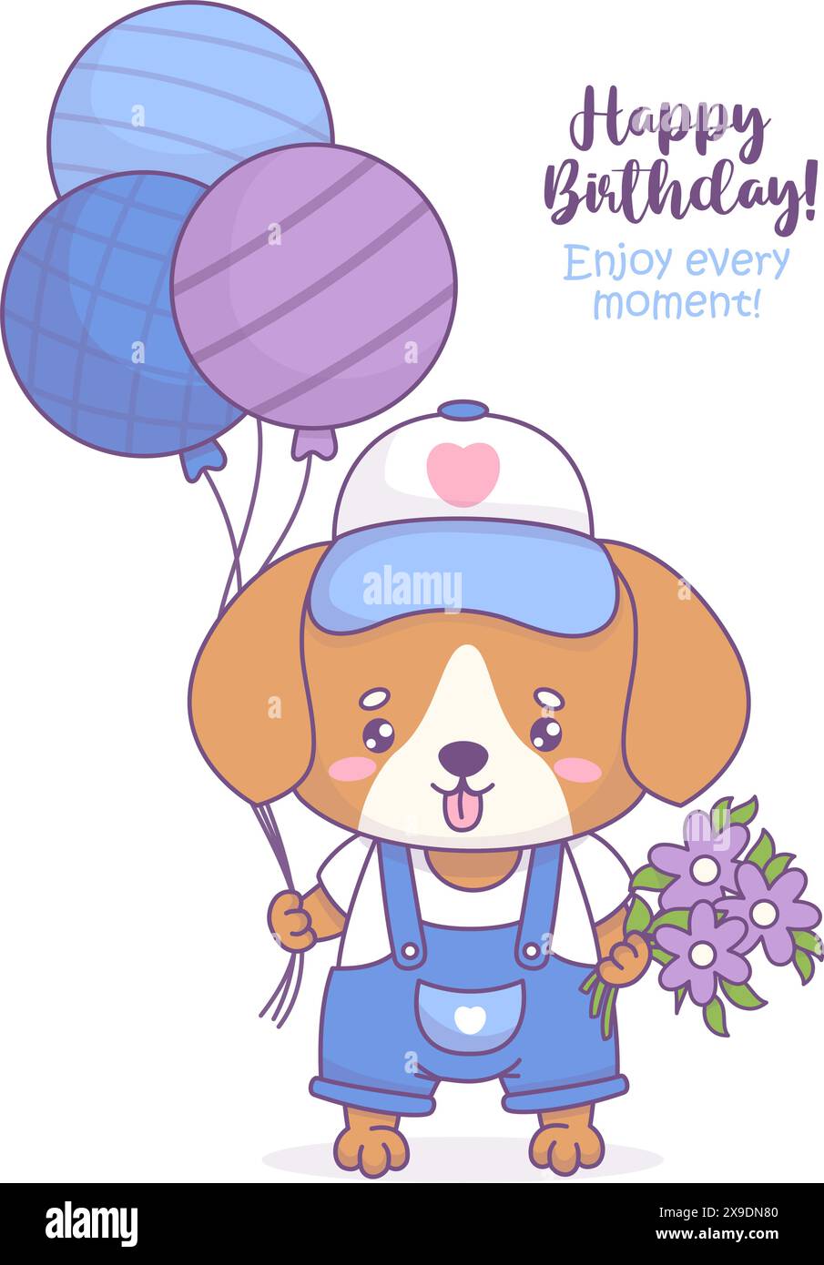 Happy birthday card. Funny dog with balloons and bouquet flowers. Cute ...