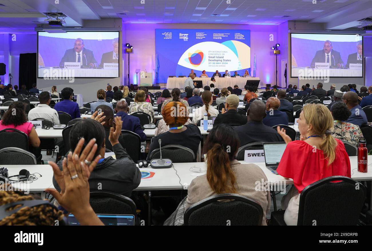 St. John's. 30th May, 2024. This photo taken on May 30, 2024 shows the scene of the fourth International Conference on Small Island Developing States (SIDS) in St. John's, Antigua and Barbuda. The fourth International Conference on SIDS concluded here on Thursday with the adoption of The Antigua and Barbuda Agenda for SIDS (ABAS), a renewed declaration for resilient prosperity. Credit: Li Muzi/Xinhua/Alamy Live News Stock Photo