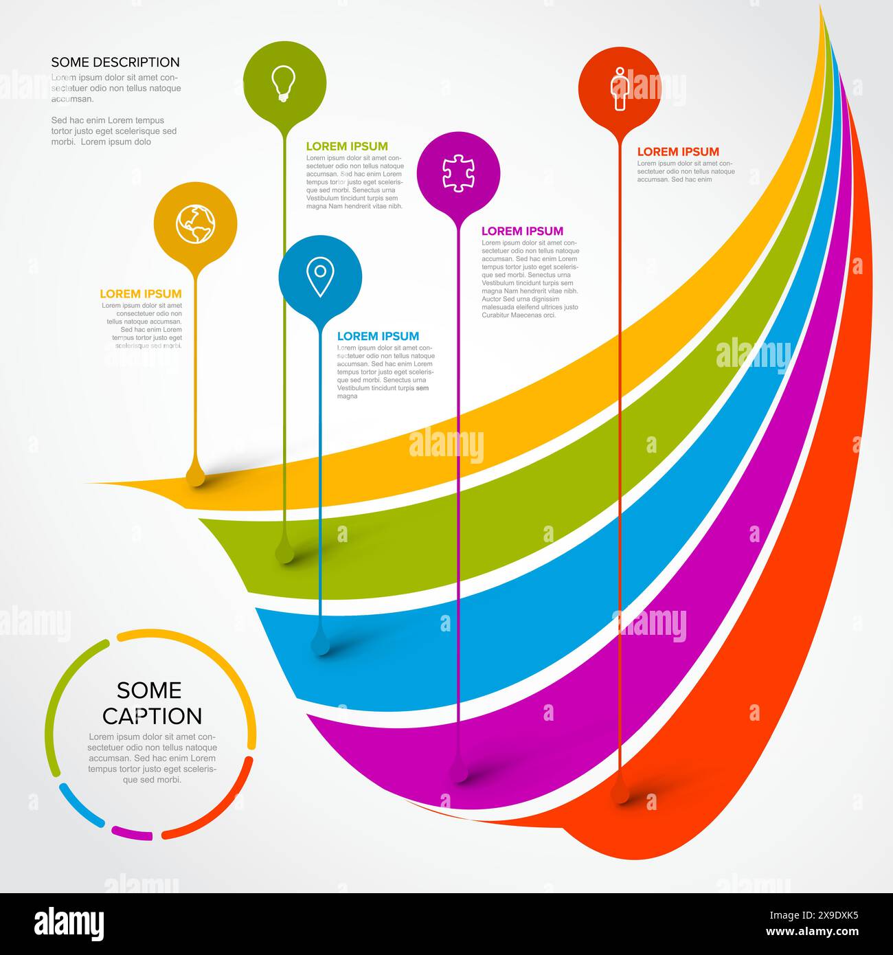 Infographic template with five droplet pointers on curved rainbow stripes. Multipurpose infographic template with five elements Stock Vector