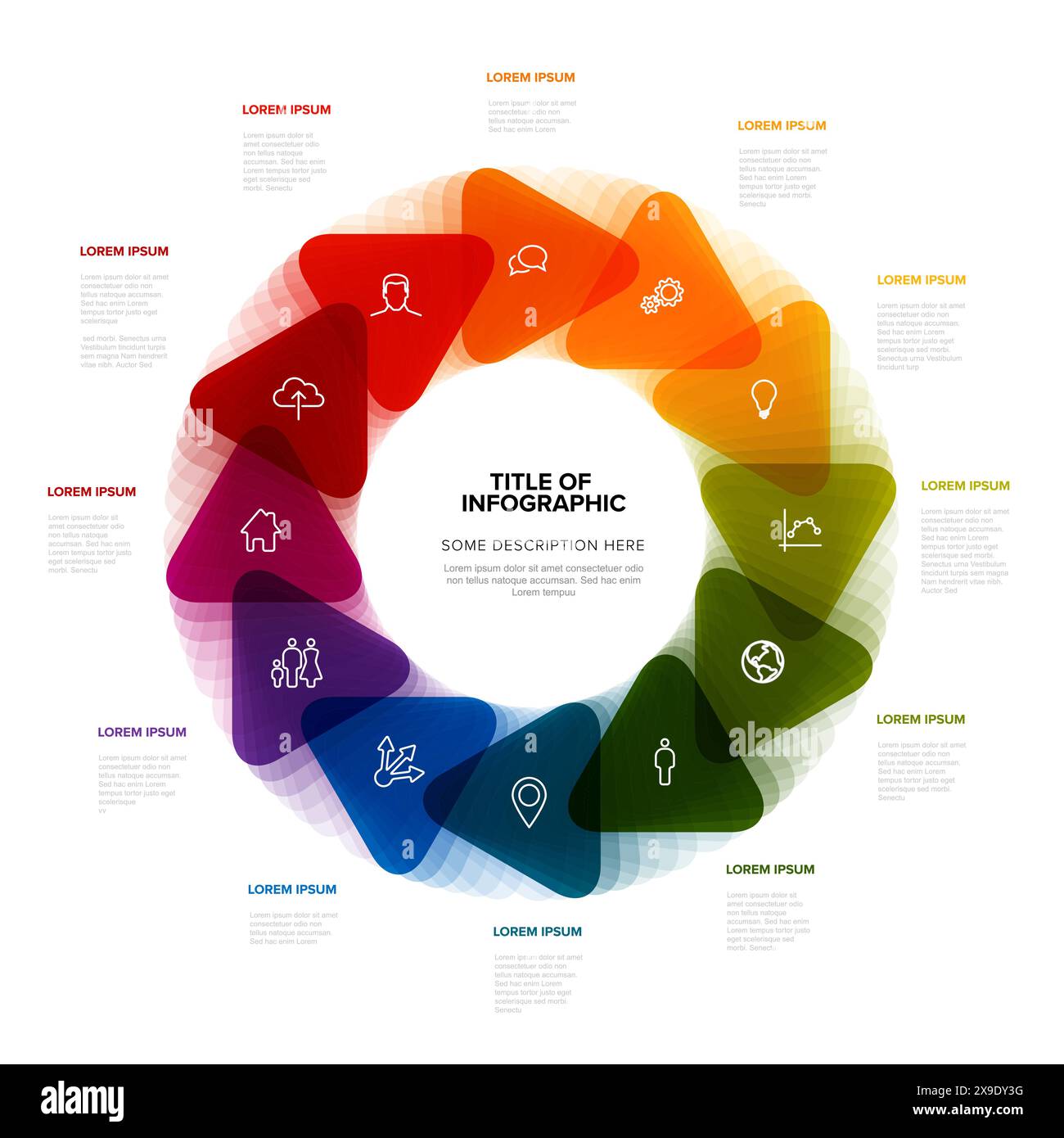 Simple light infographic with twelve triangles with icons in one big ...