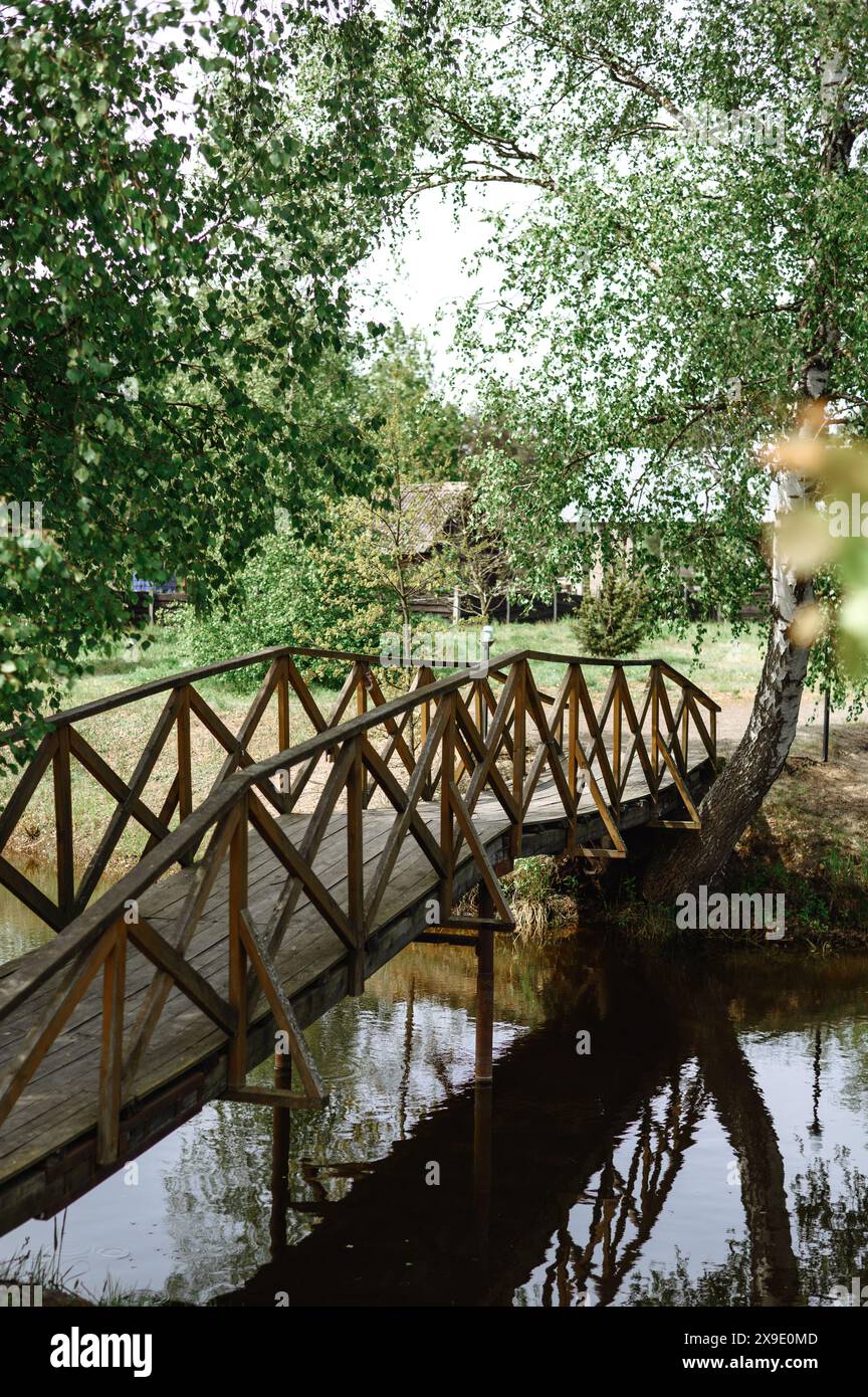 wooden bridge over the river in the forest Stock Photo - Alamy