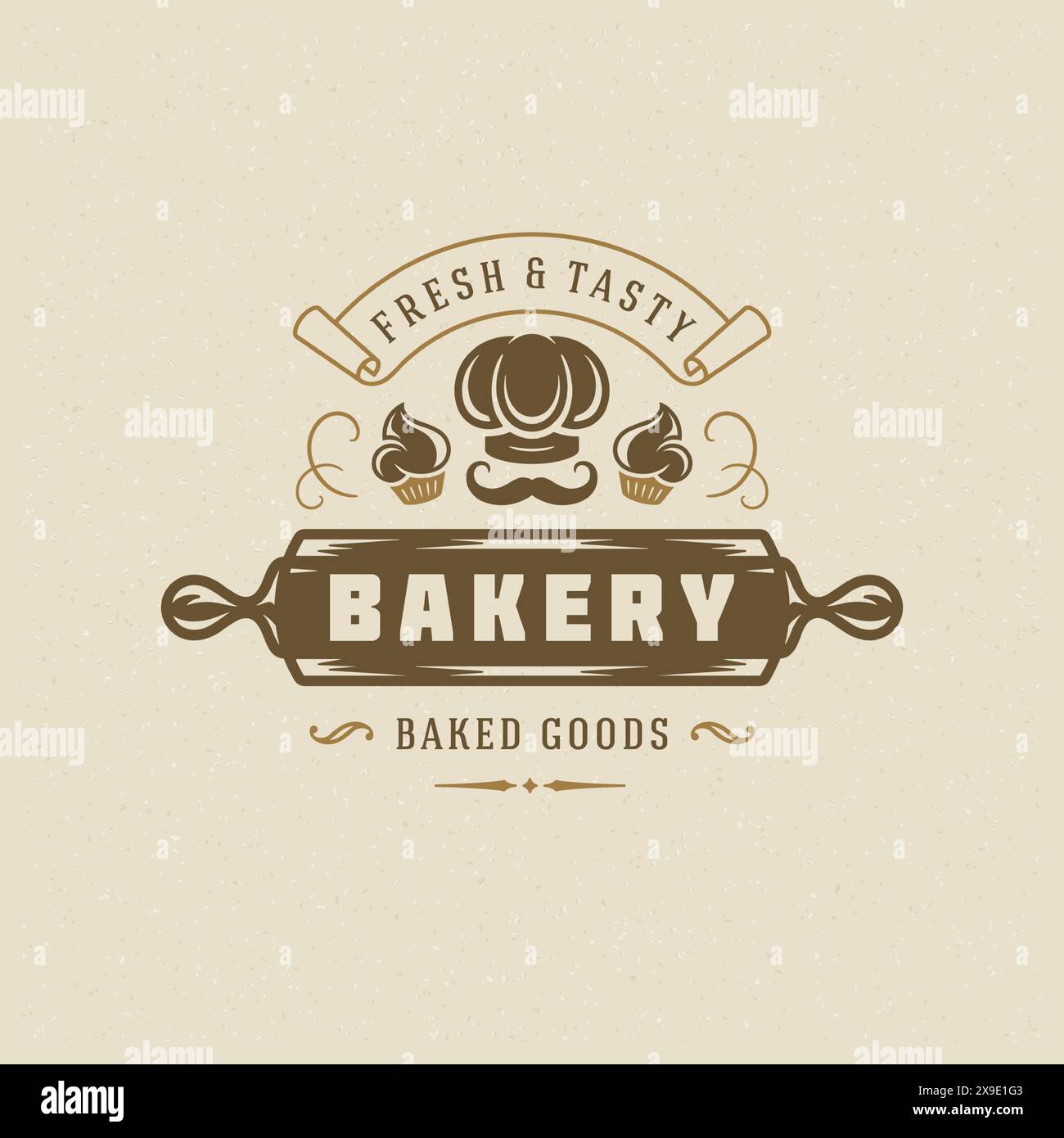 Bakery badge or label retro vector illustration. Cupcakes and chef hat ...