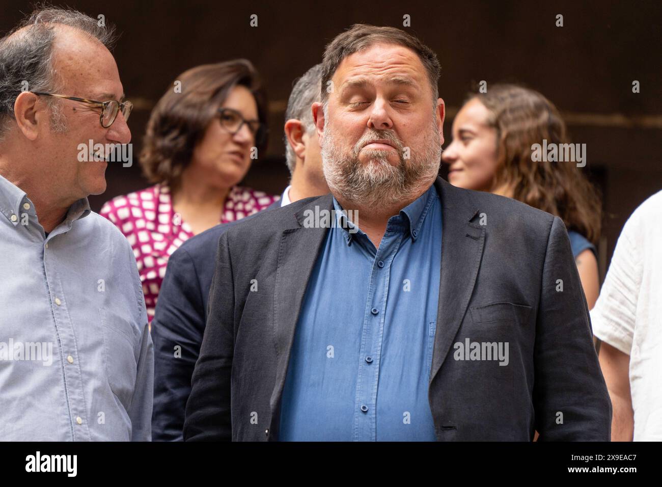 Omnium Cultural organizes an event at the Model Prison of Barcelona with representatives of pro-independence political parties the day after the Spanish Congress approves the amnesty. The event included the presence of Oriol Junqueras and Jordi Turull, among others. &#xd2;mnium Cultural organiza un acto en la Prisión Modelo de Barcelona con representantes de partidos pol&#xed;ticos independentistas el d&#xed;a después de que el Congreso espa&#xf1;ol apruebe la amnist&#xed;a. Ha contado con la presencia de Oriol Junqueras y Jordi Turull, entre otros. in the pic:jordi turull, oriol jun Stock Photo