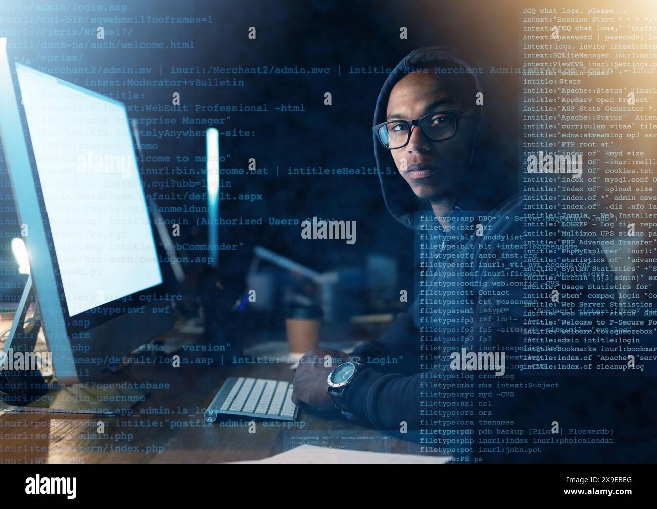 Portrait, overlay and man hacking computer with coding for cybercrime ...