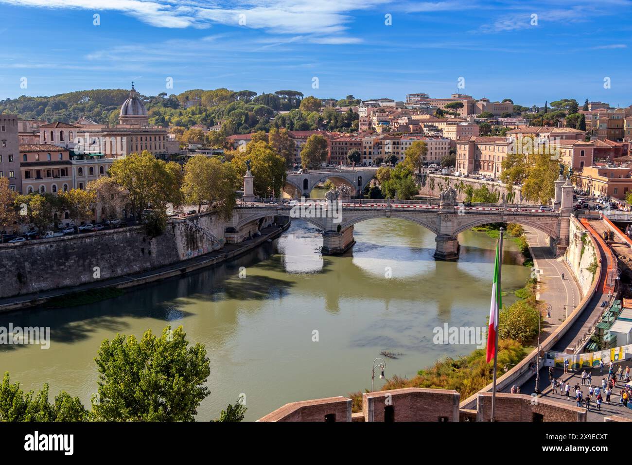 Bridges spanning the River Tiber , the main river running through Rome,Italy Stock Photo