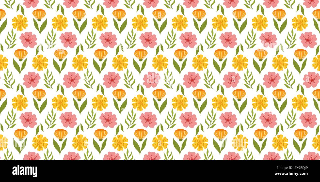 Continuous pattern featuring floral elements. Botanical-inspired repetitive fabric or wallpaper design with orange flower on stem with leaf, yellow flower, cherry blossom, and leaves. Stock Vector