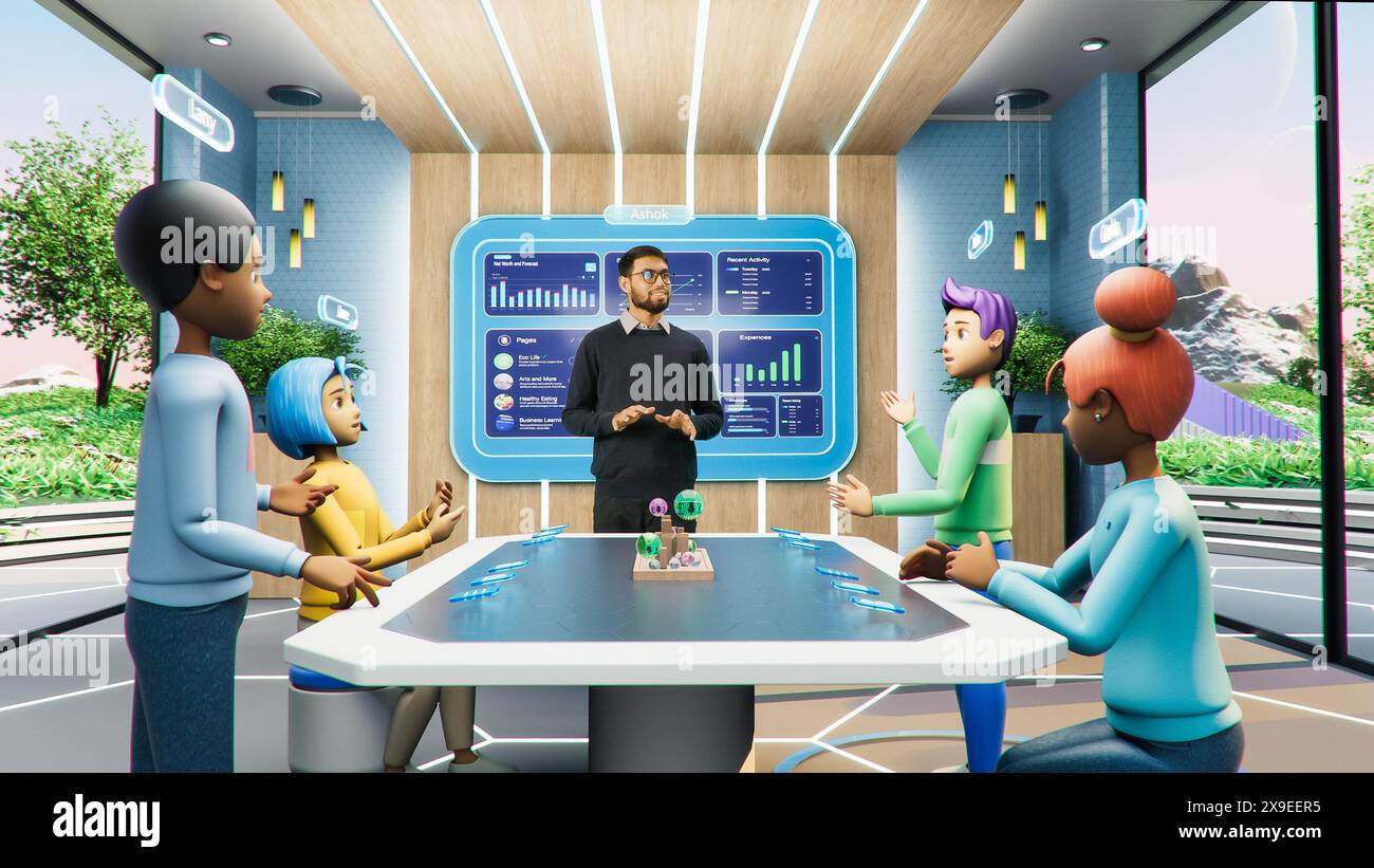 Online Business Meeting in Virtual Reality Office. Project Manager Talking to a Group of Internet Avatars of Colleagues Sitting at a Table. 3D Meta Universe Concept, Working from Home. Stock Photo