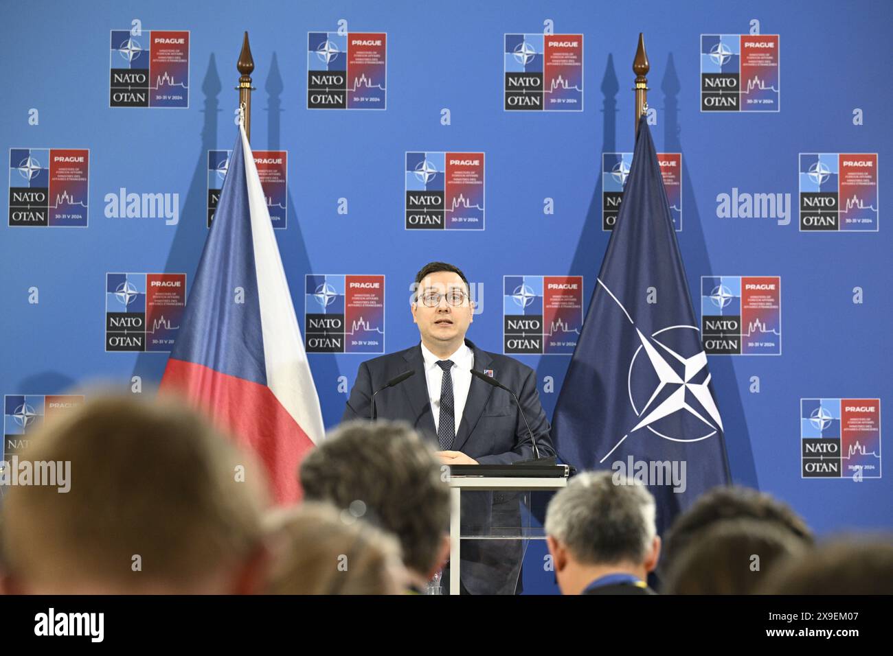 Prague, Czech Republic. 31st May, 2024. Czech Foreign Affairs Minister Jan Lipavsky speaks at a press conference at final day of two-day informal meeting of foreign ministers of NATO countries, to mark 25 years of Czechia in NATO and 75 years from NATO's establishment, in Prague, Czech Republic, on May 31, 2024. Credit: Michal Kamaryt/CTK Photo/Alamy Live News Stock Photo
