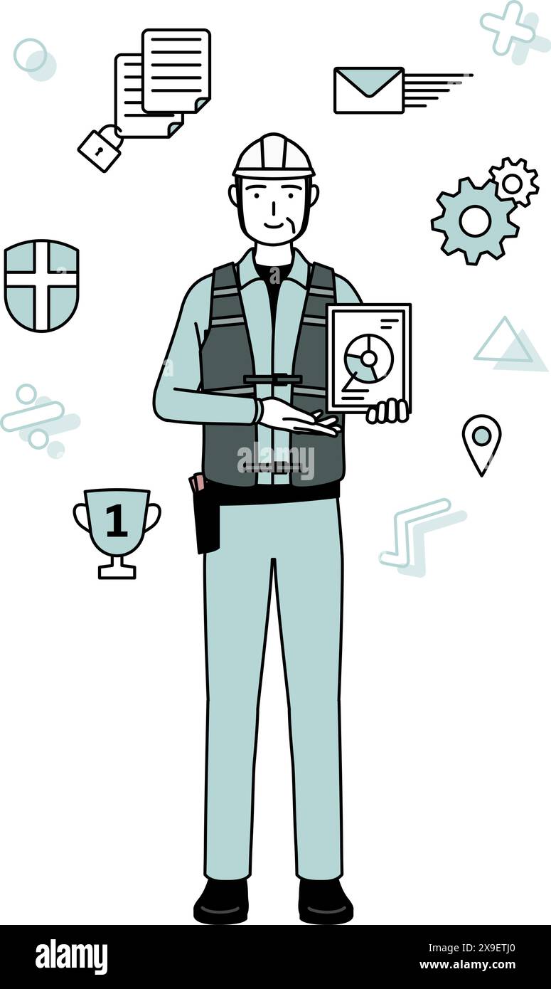 Image of DX, Senior male engineer in helmet and work wear using digital ...