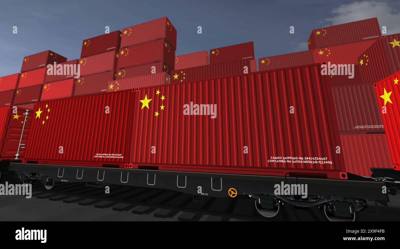China export production and import containers on a freight wagons ...