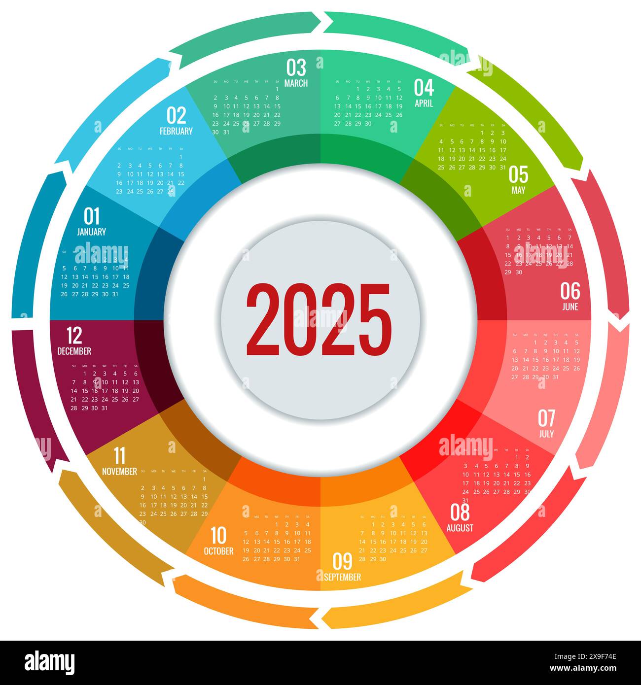 Calendar circle, spiral, planner for 2025. Vector Stationery Design Print 2025 Template with