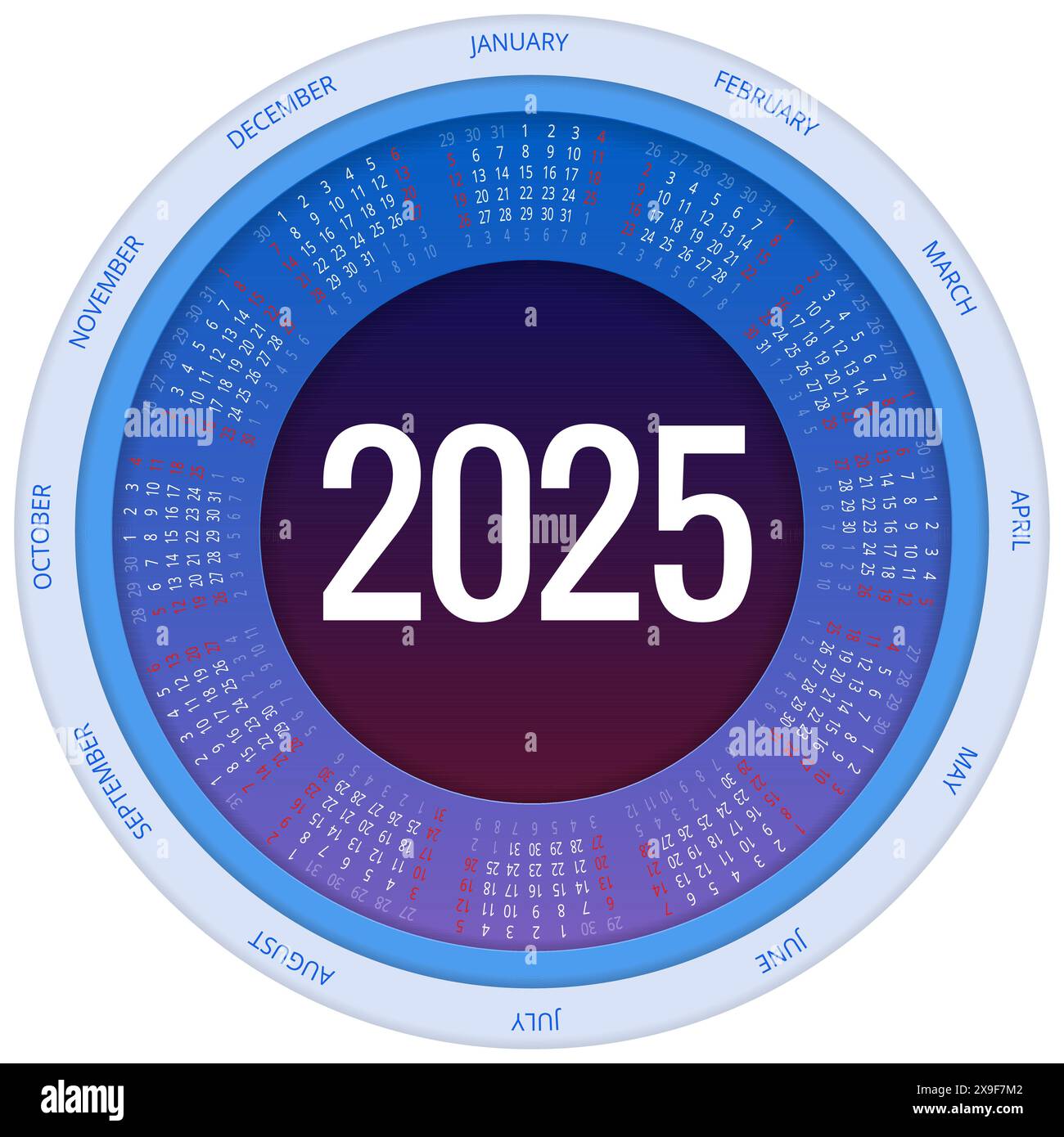 Calendar circle, spiral, planner for 2025. Vector Stationery Design
