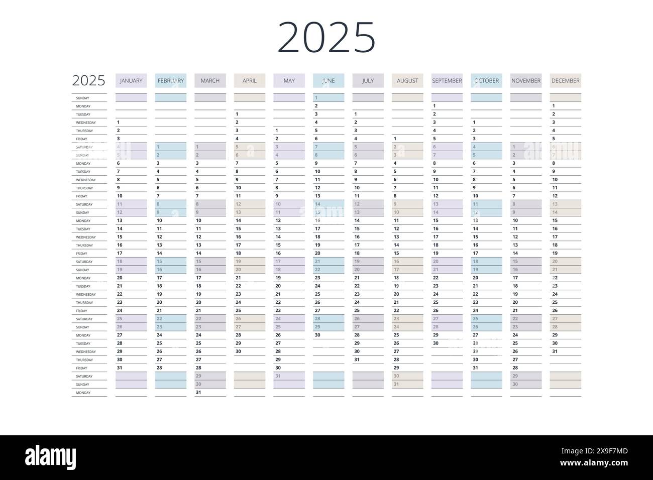 Calendar vertical, planner, date, calender, planner for 2025. Vector