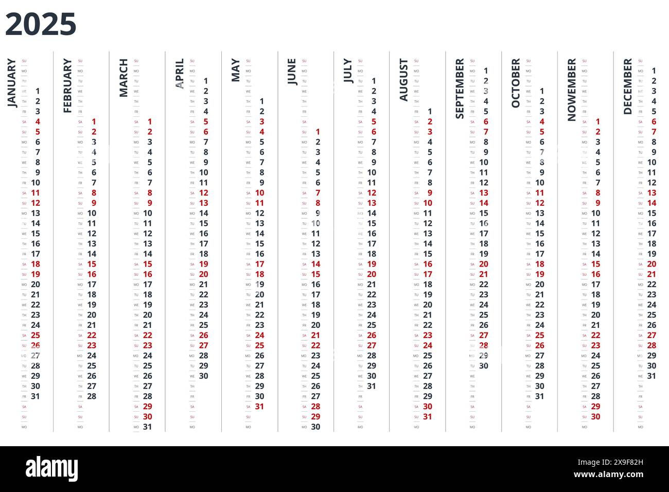 Calendar vertical, planner, date, calender, planner for 2025. Vector