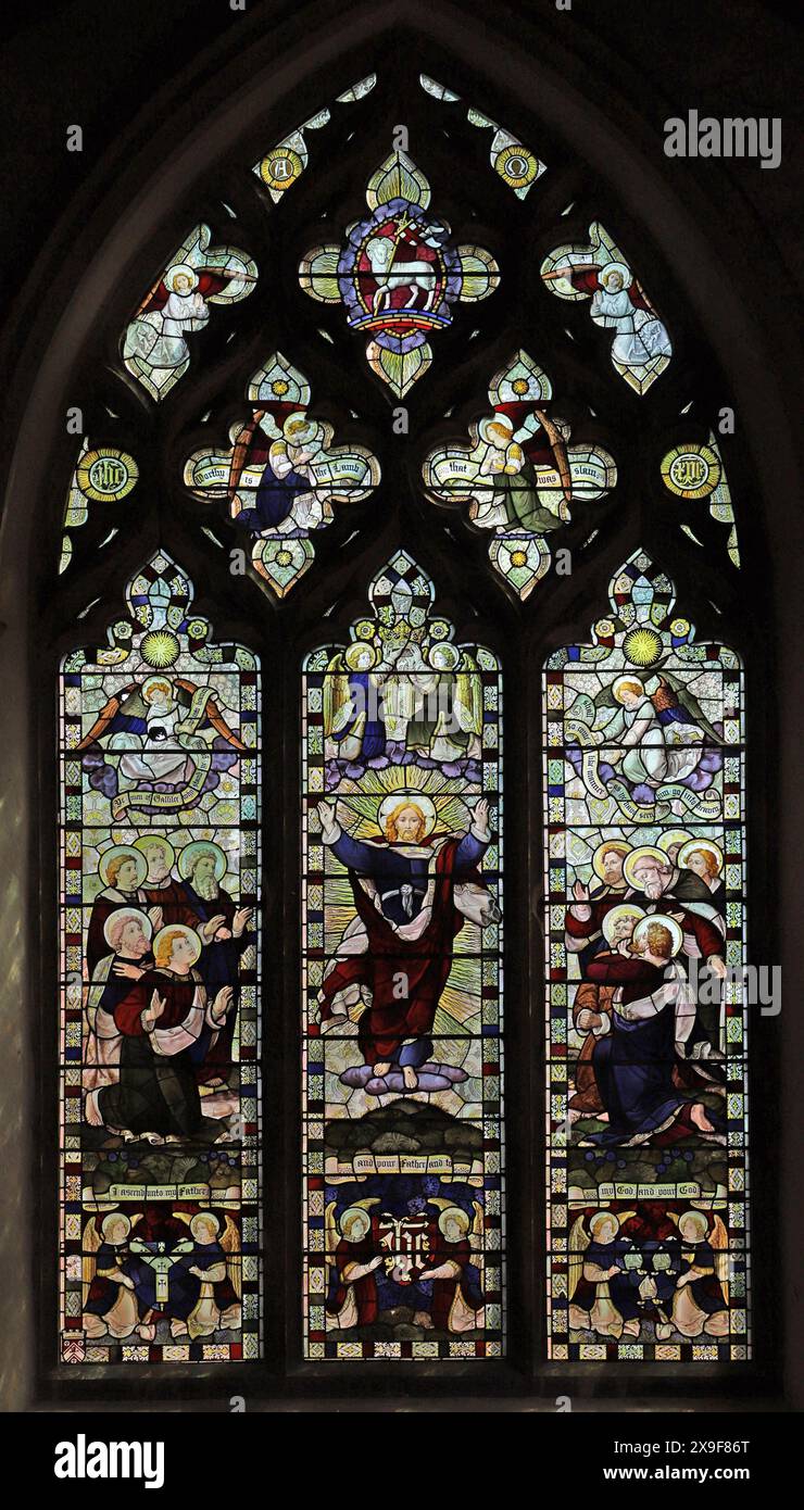 A stained glass window depicting the Ascension of Jesus, St Peter's Church, Wolferton, Norfolk Stock Photo