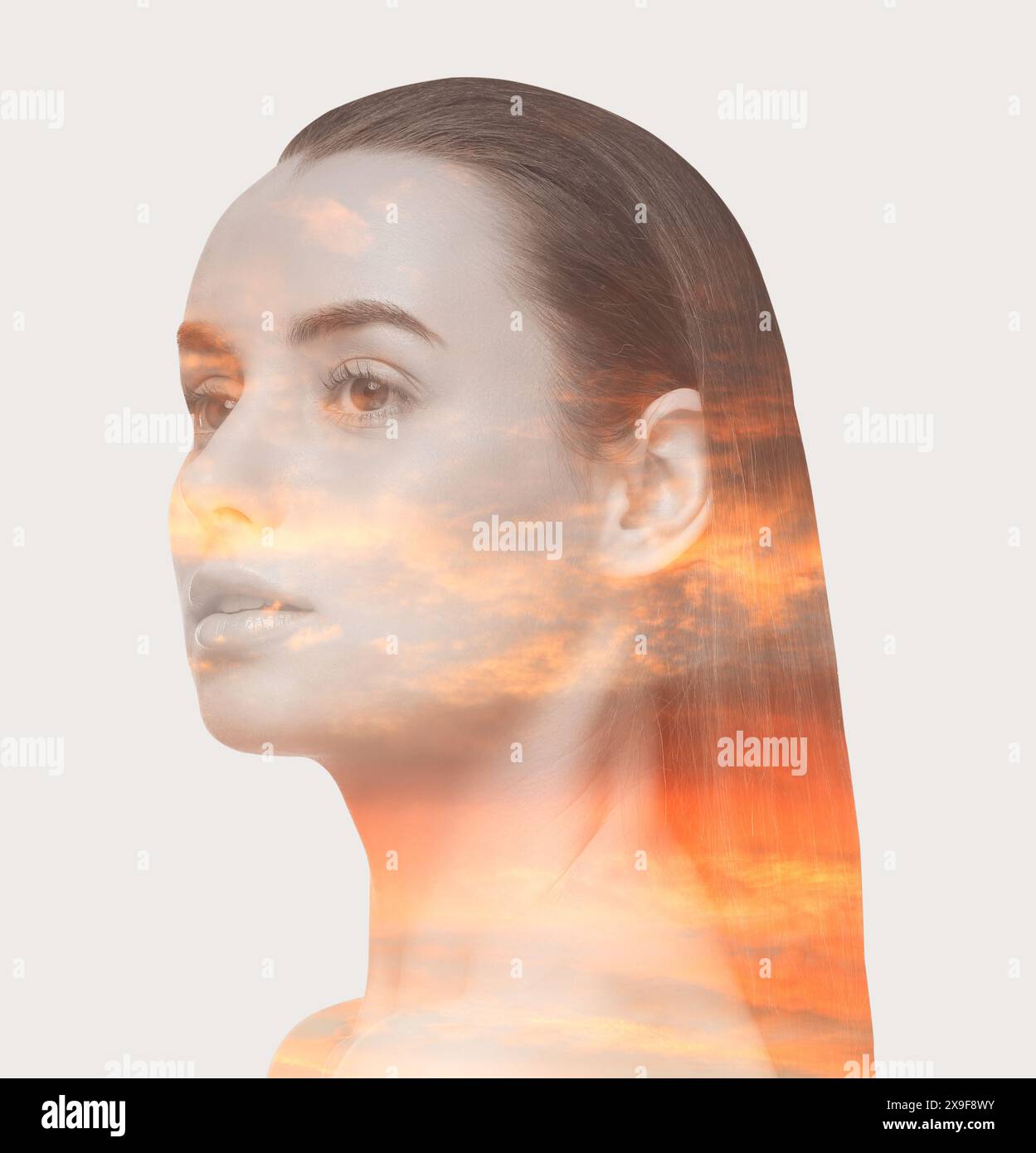 Beautiful woman and sunset sky on white background, double exposure ...