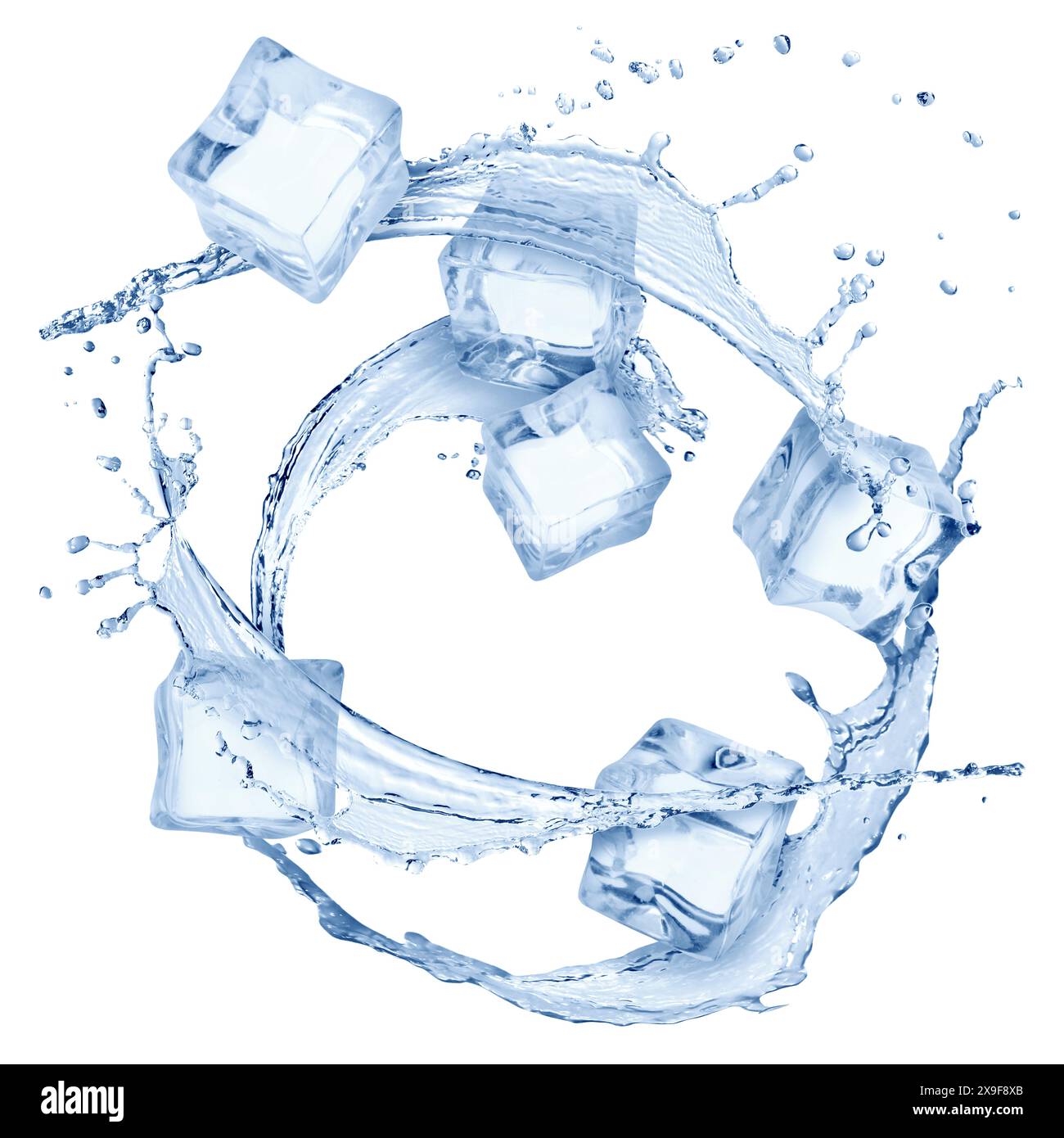 Ice cubes and splashing water in air on white background Stock Photo ...