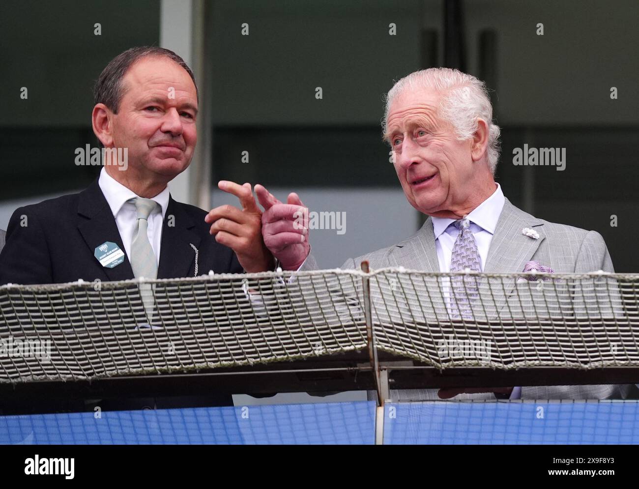 Sandy Dudgeon and King Charles III in the grandstand on ladies day of The Betfred Derby Festival at Epsom Downs Racecourse. Picture date: Friday May 31, 2024. Stock Photo