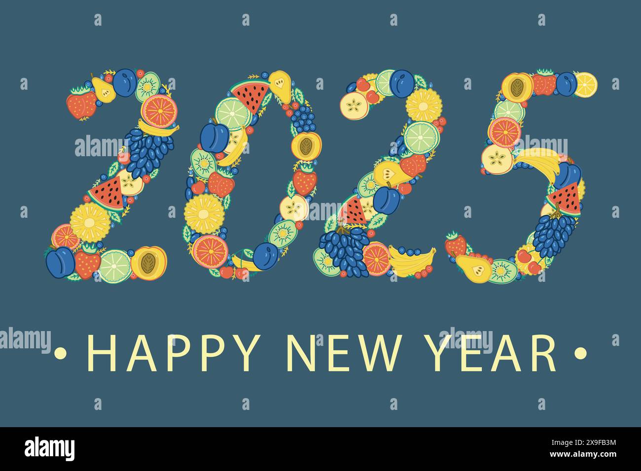 The numbers in the year 2025 are lined with bright colorful fruits and berries. Happy New Year greeting card. Stock Vector