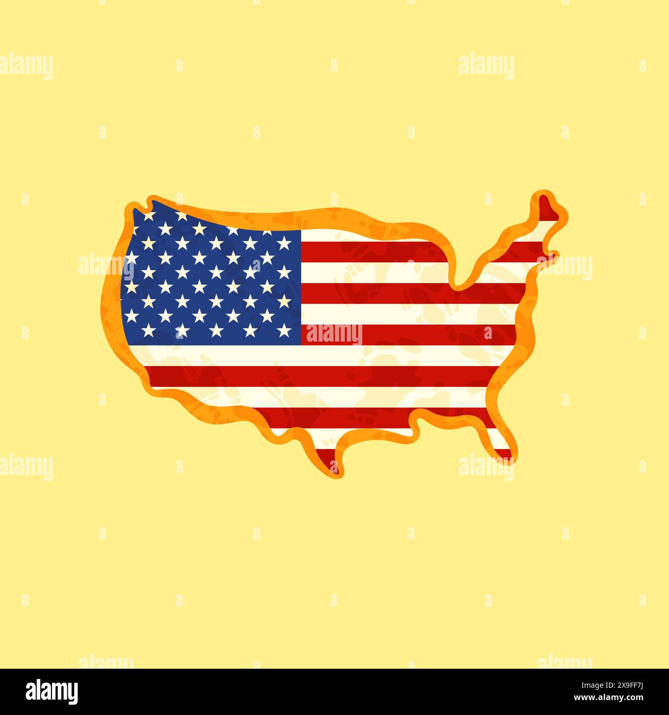 Map of United States colored with US flag and marked with golden line ...