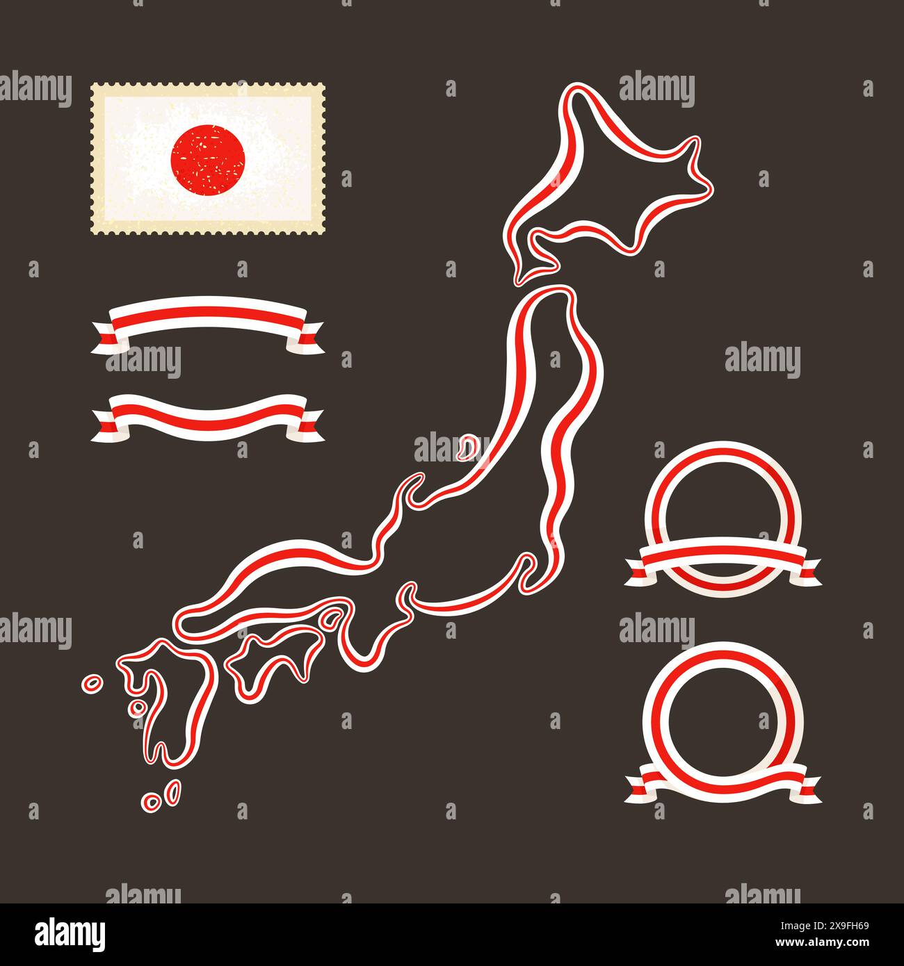 Outline map of Japan. Border is marked with a ribbon in the national colors. The package contains a stamp with flag and frames. The file is made with Stock Vector