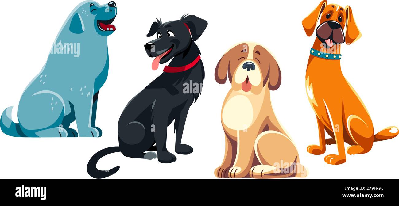 Four cartoon dogs in row, blue Newfoundland, black Labrador Retriever, Saint Bernard, orange Boxer Stock Vector