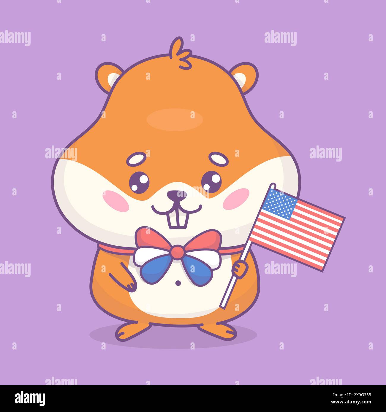 Festive hamster in bow tie with American flag. Cute cartoon animal rodent character. Holiday American Independence Day Fourth of July. Vector illustra Stock Vector