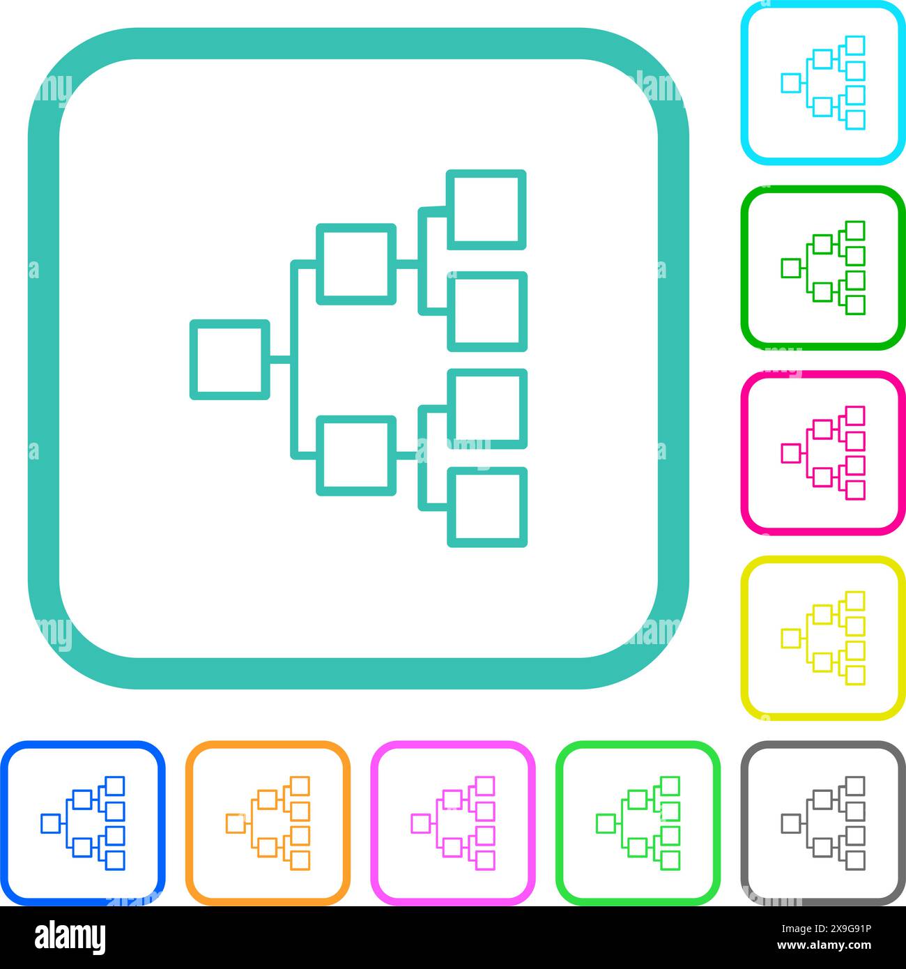 Organizational chart right outline vivid colored flat icons in curved ...