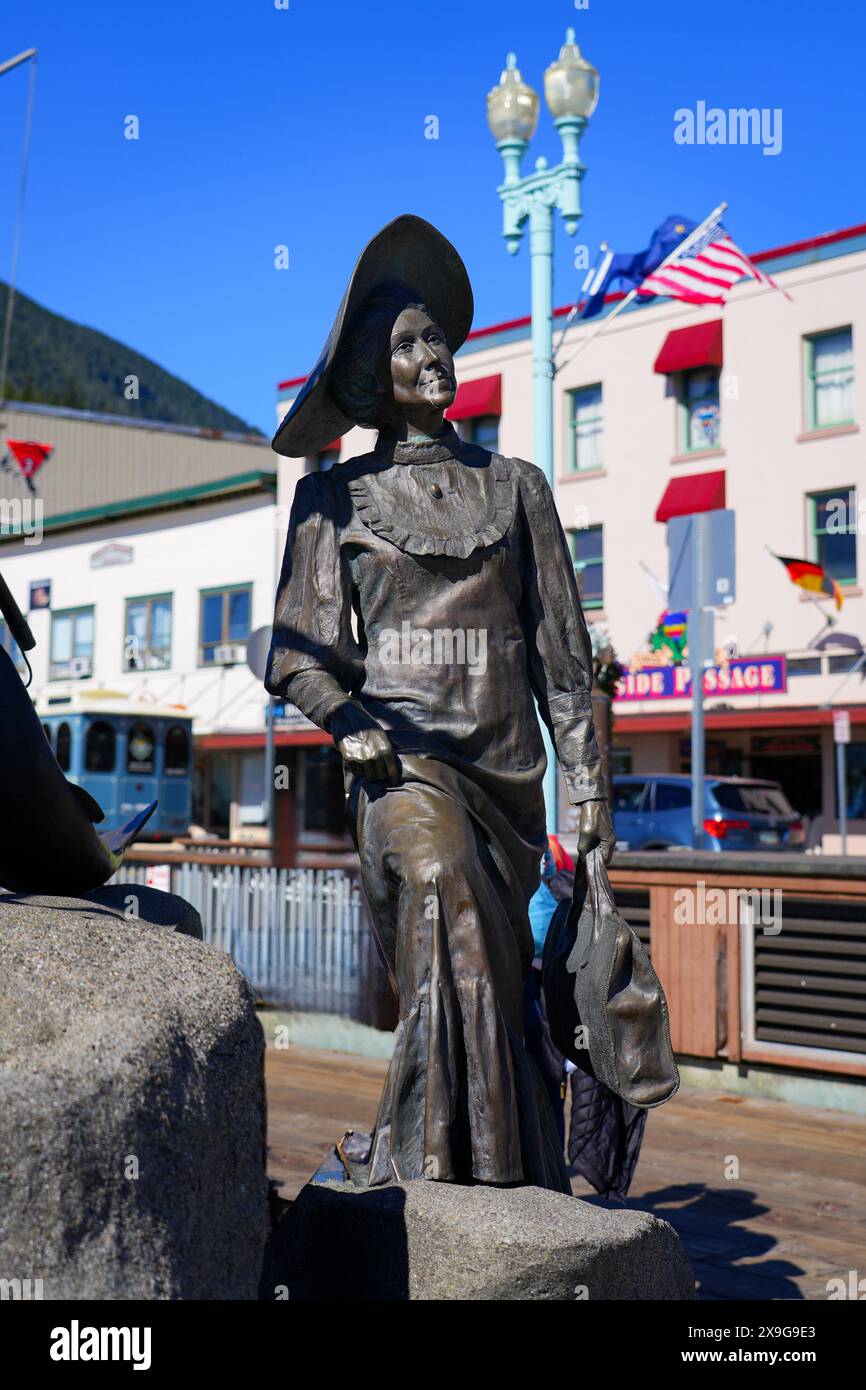 'The Rock' bronze sculpture representing the pioneers who settled in Ketchikan in southeast Alaska, USA Stock Photo