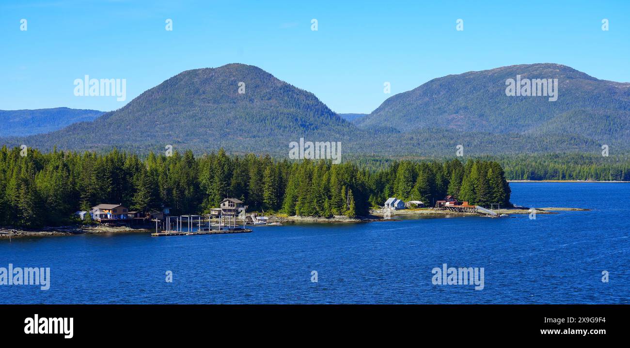 Wooden houses on the beach of Pennock Island near Ketchikan in