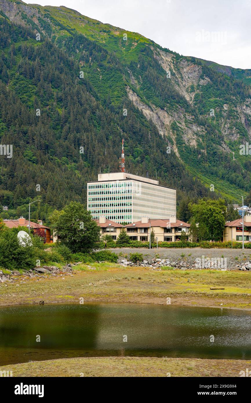 Federal building in Downtown Juneau as seen from Overstreet Park on the waterfront of Juneau, the capital city of Alaska, USA Stock Photo