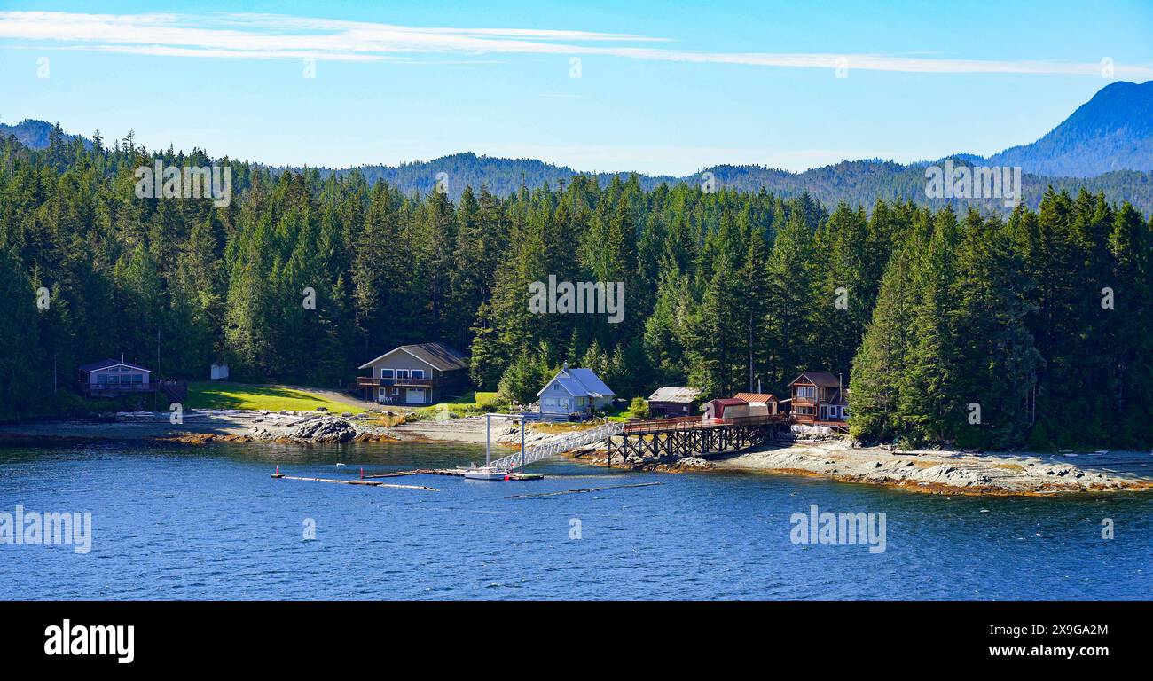 Wooden houses on the beach of Pennock Island near Ketchikan in