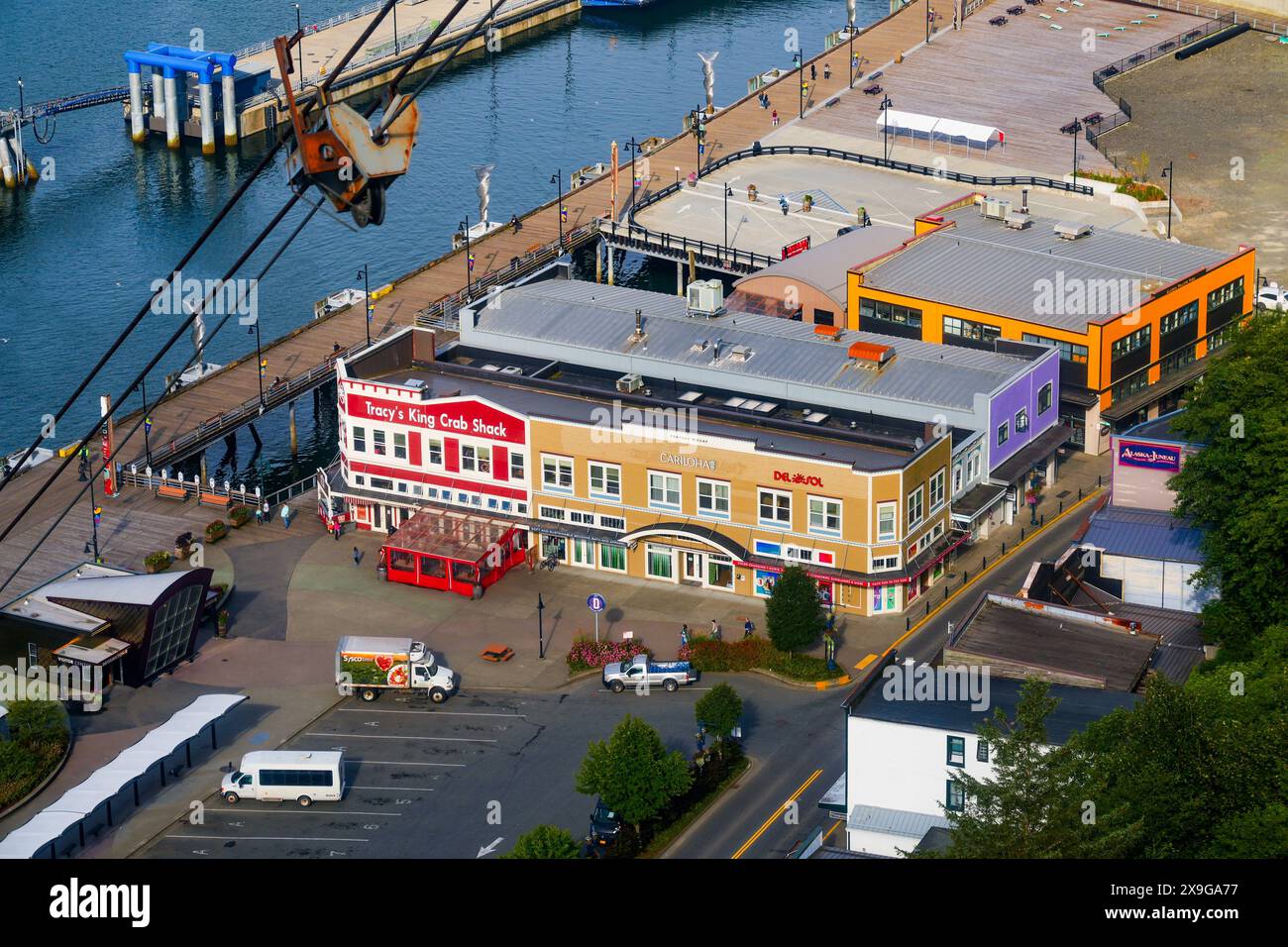 Aerial view of Tracy's King Crab Shack along the Gastineau Channel in