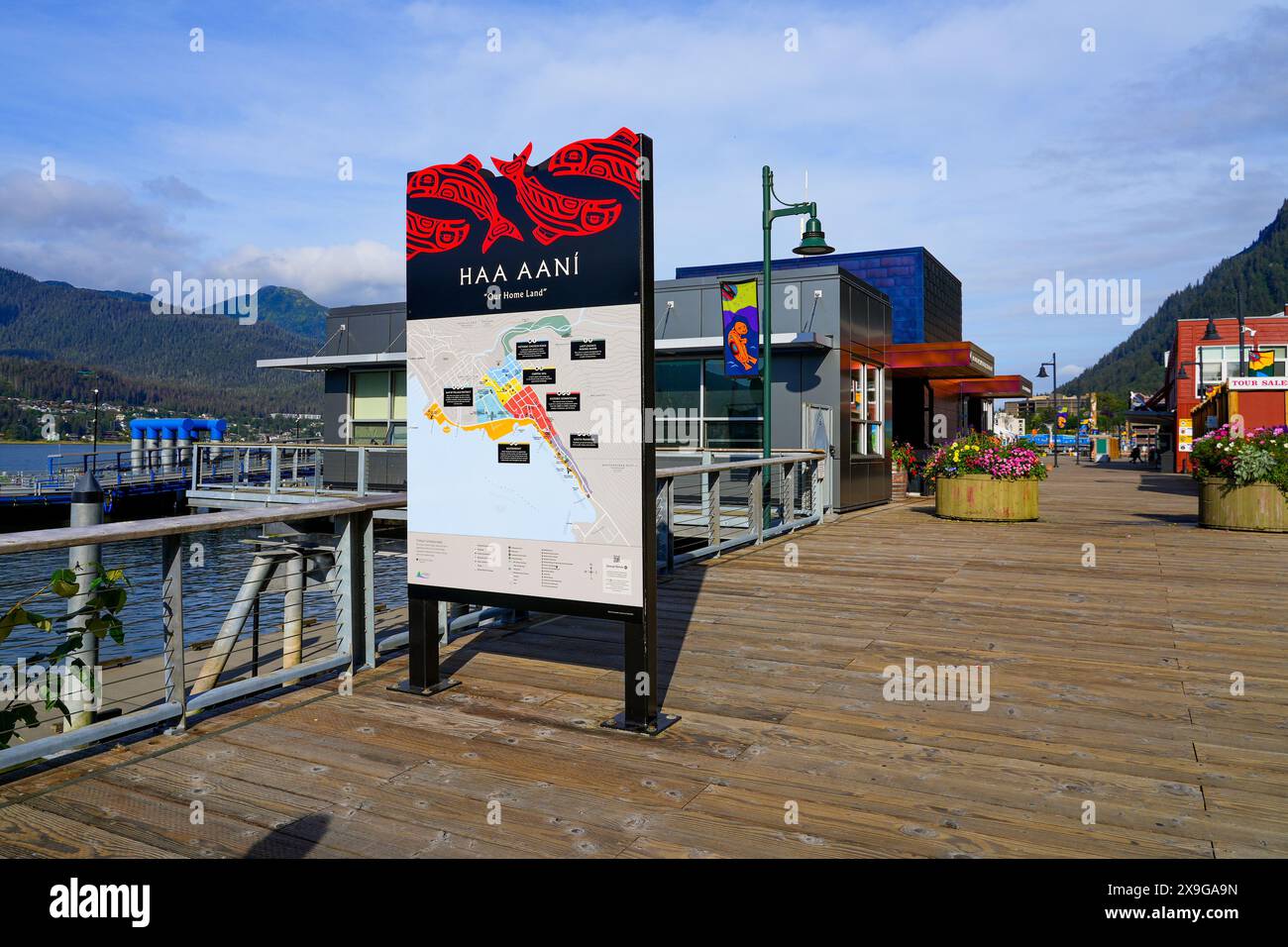 Information board on the boardwalk of Juneau, Alaska, USA Stock Photo