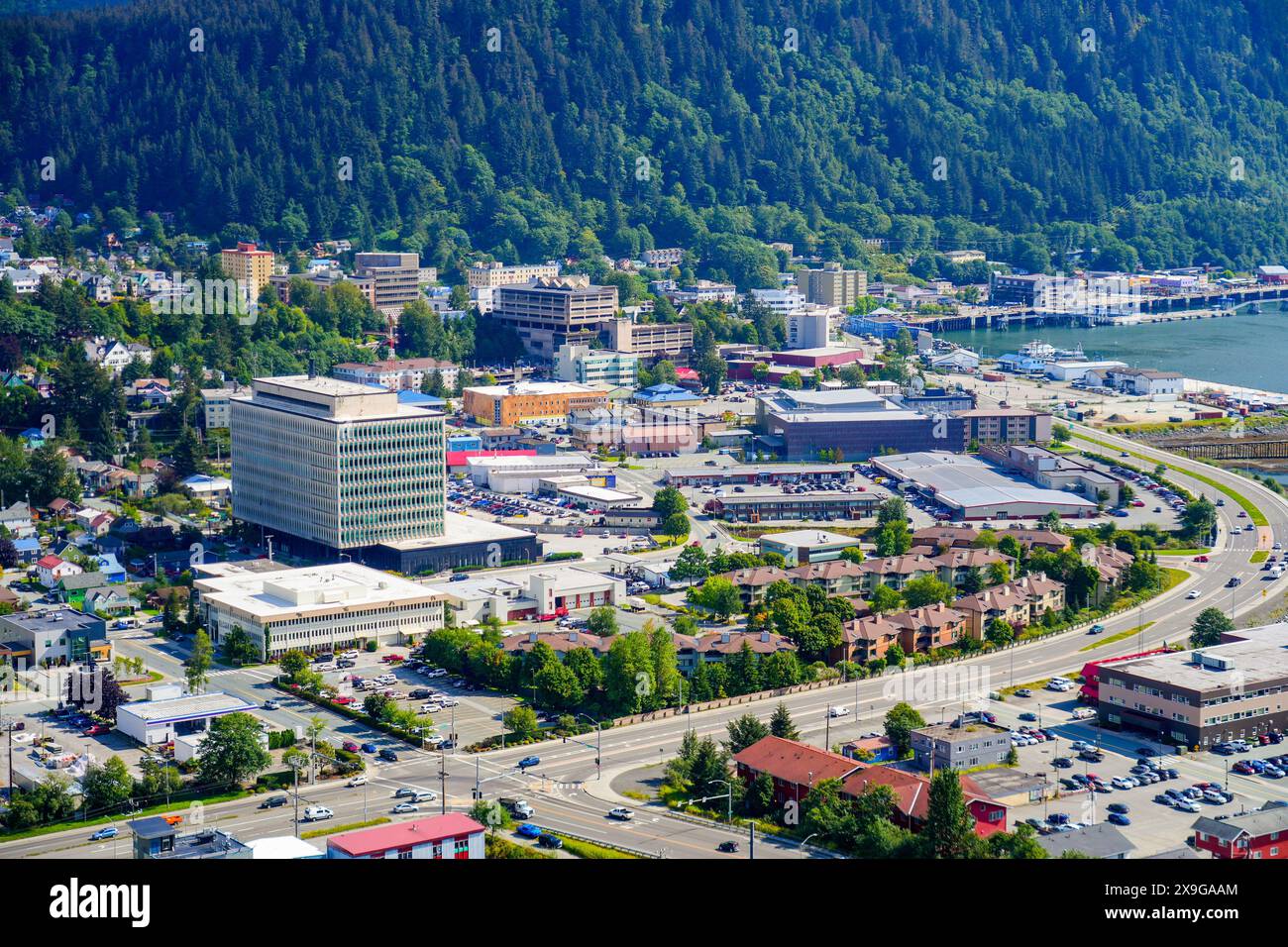 Aerial view of the downtown Juneau, the state capital of Alaska, USA, along the Gastineau Channel in the Arctic Stock Photo